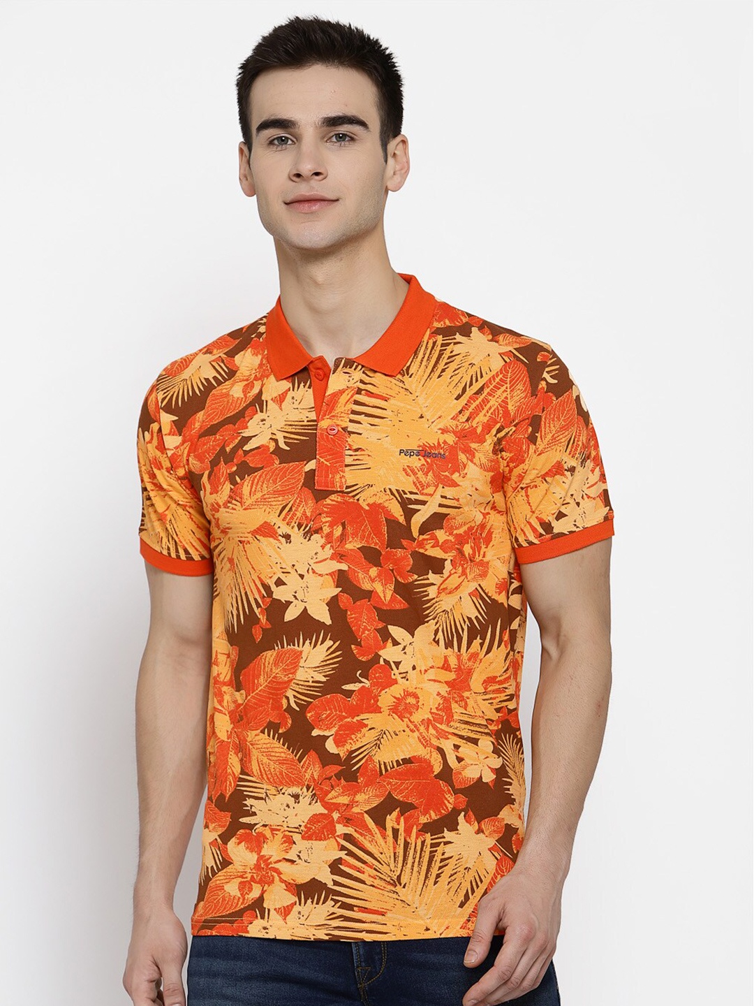 

Pepe Jeans Men Orange Printed Pure Cotton Polo Collar Pure Cotton T-shirt