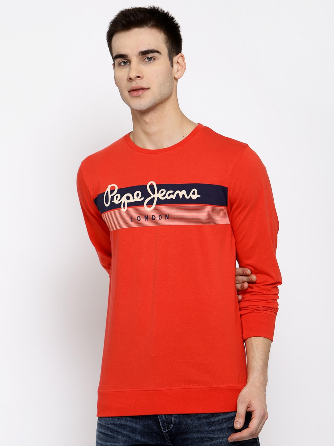 

Pepe Jeans Men Red Printed Round Neck Pure Cotton T-shirt