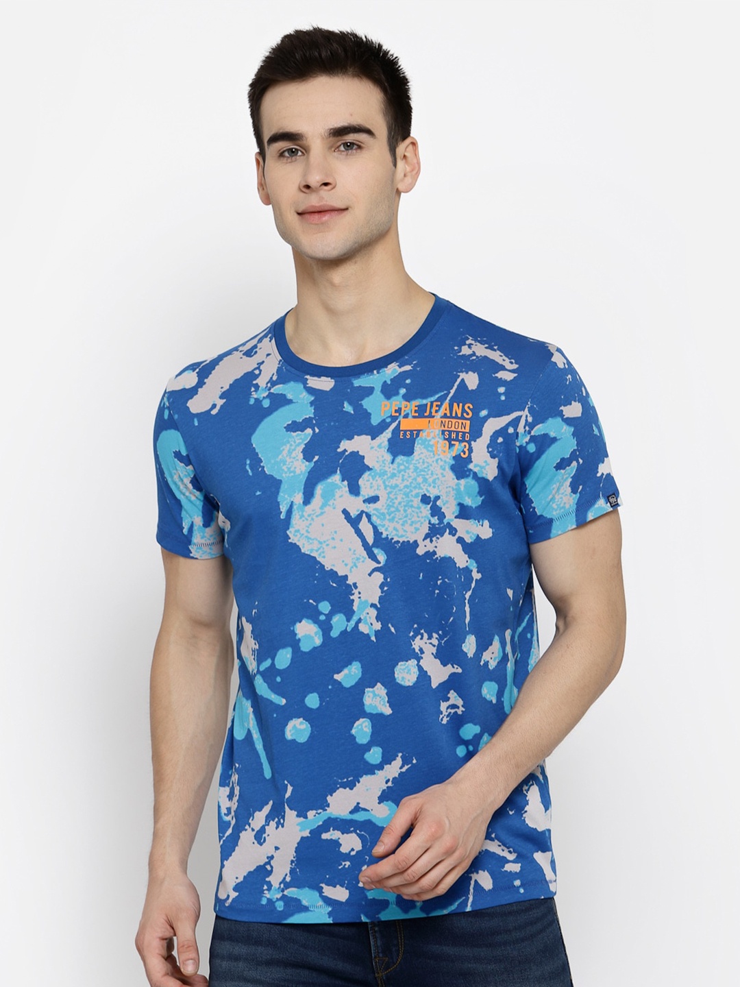 

Pepe Jeans Men Blue Printed Round Neck Pure Cotton T-shirt