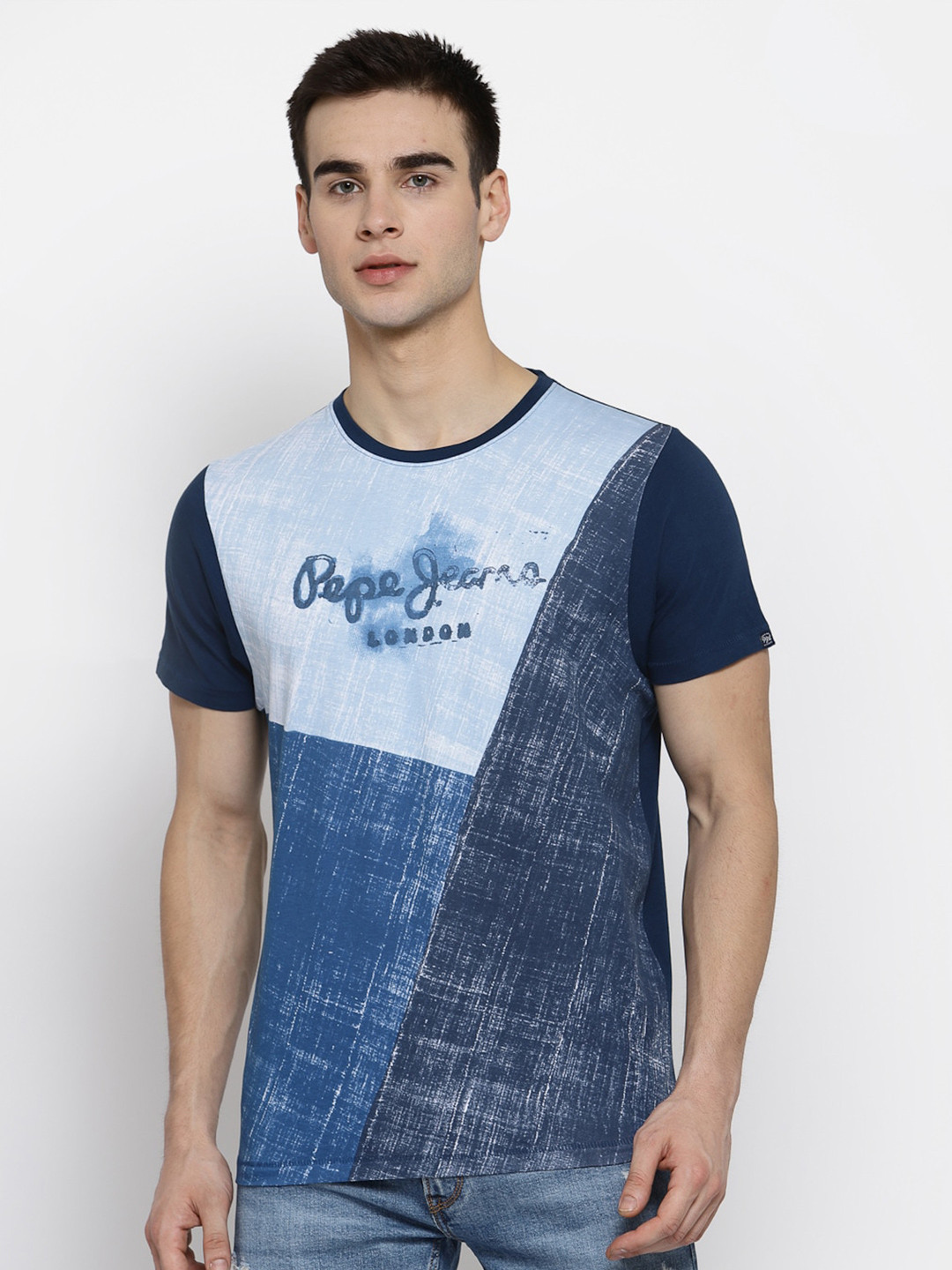 

Pepe Jeans Men Blue Colourblocked Round Neck Pure Cotton T-shirt