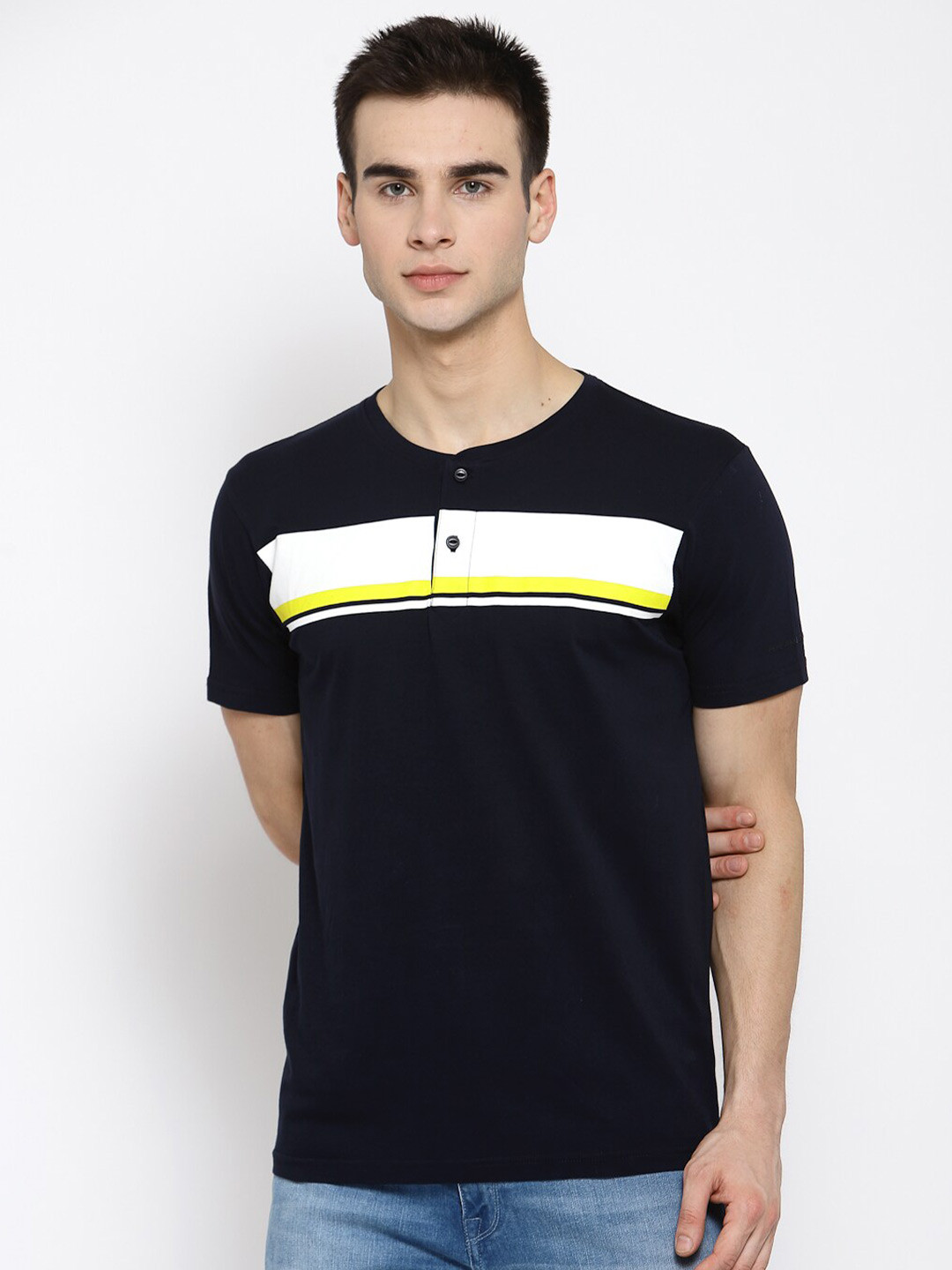 

Pepe Jeans Men Navy Blue Striped Pure Cotton Henley Neck Pure Cotton T-shirt