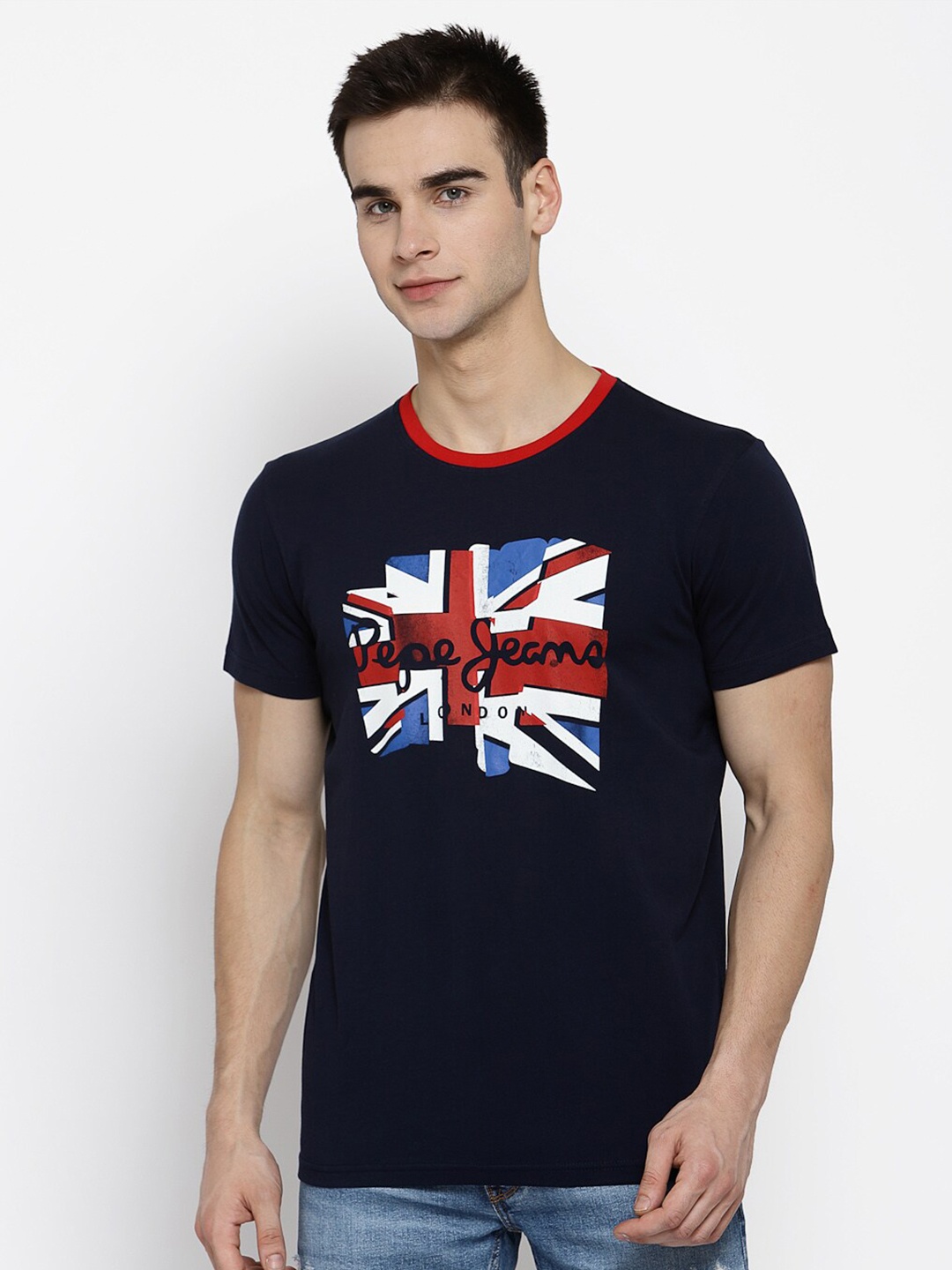 

Pepe Jeans Men Navy Blue Printed Round Neck Pure Cotton T-shirt