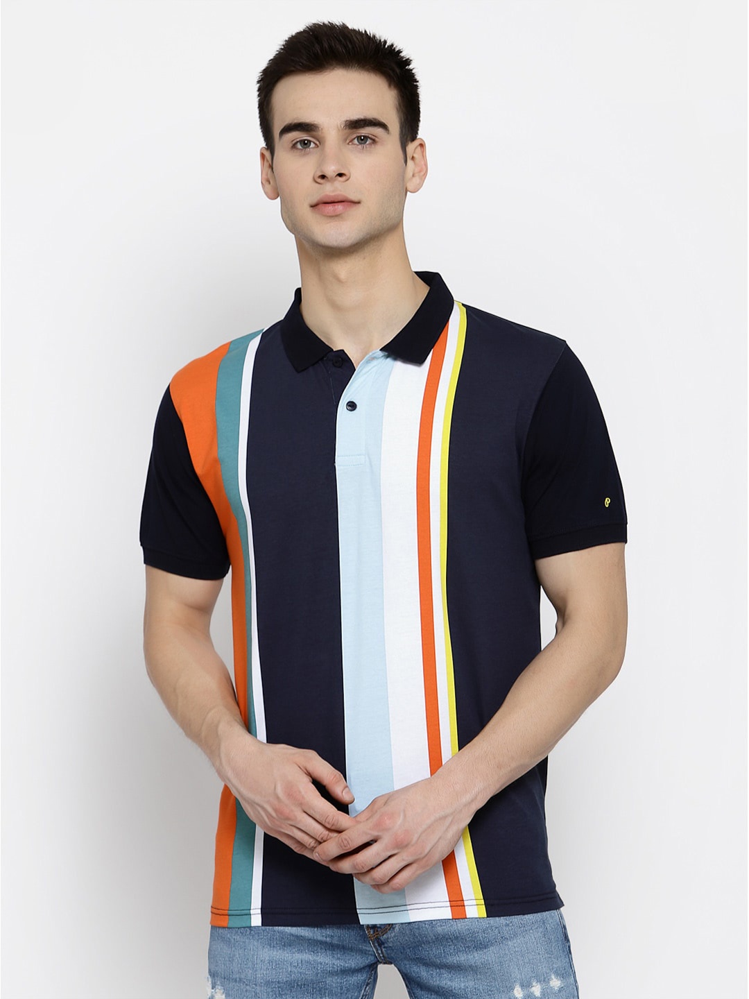 

Pepe Jeans Men Navy Blue Striped Polo Collar T-shirt