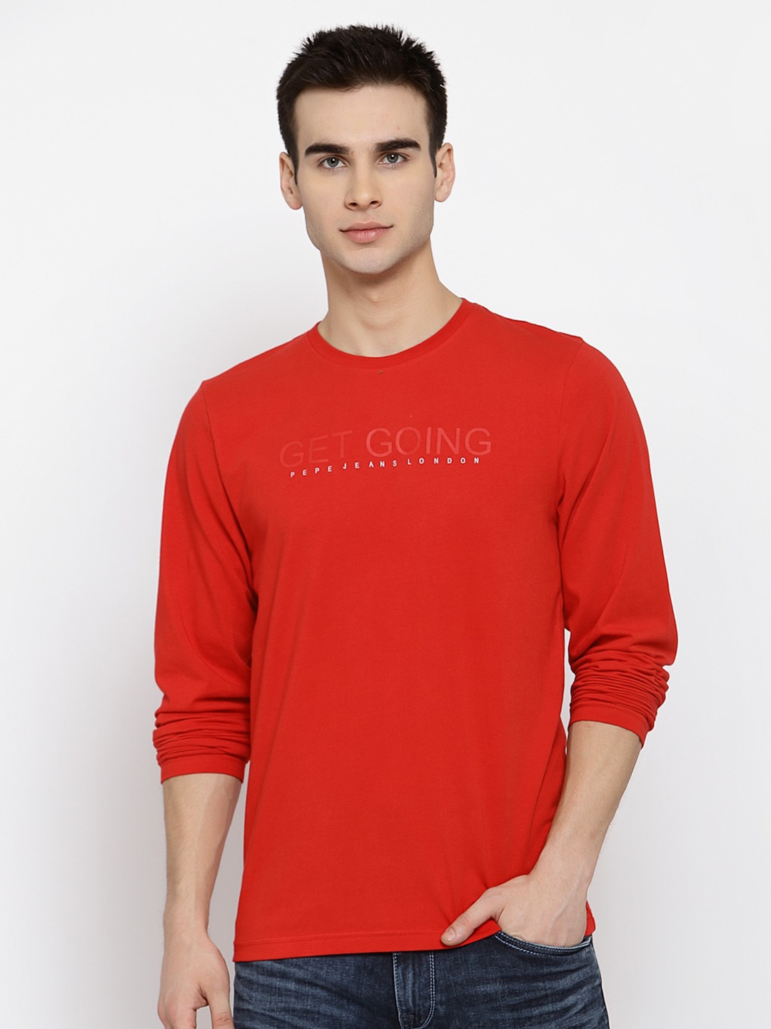 

Pepe Jeans Men Red Printed Round Neck T-shirt