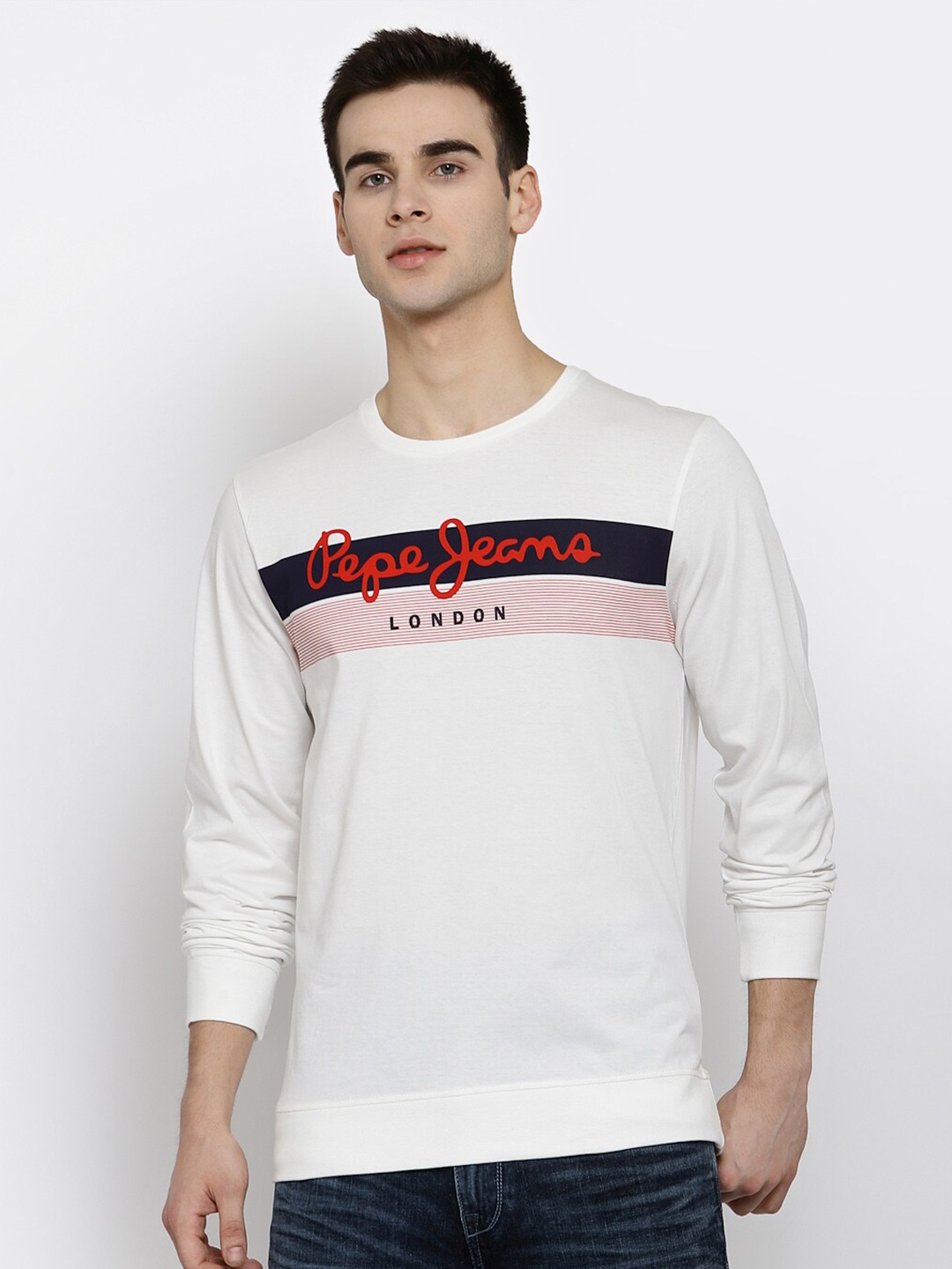 

Pepe Jeans Men Off-White Printed Round Neck Pure Cotton T-shirt