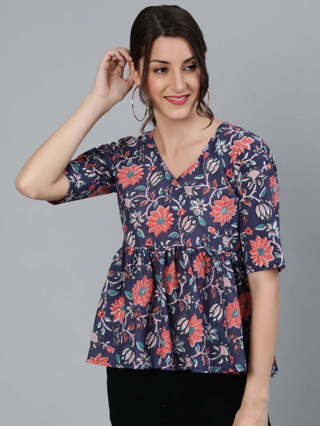 

Nayo Navy Blue & Red Floral Printed Flared Sleeves Pure Cotton A-Line Top