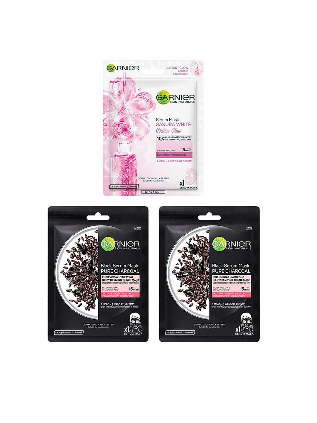 

Garnier Skin Naturals Set of 2 Black Rice Pure Charcoal & 1 Sakura White Serum Sheet Mask