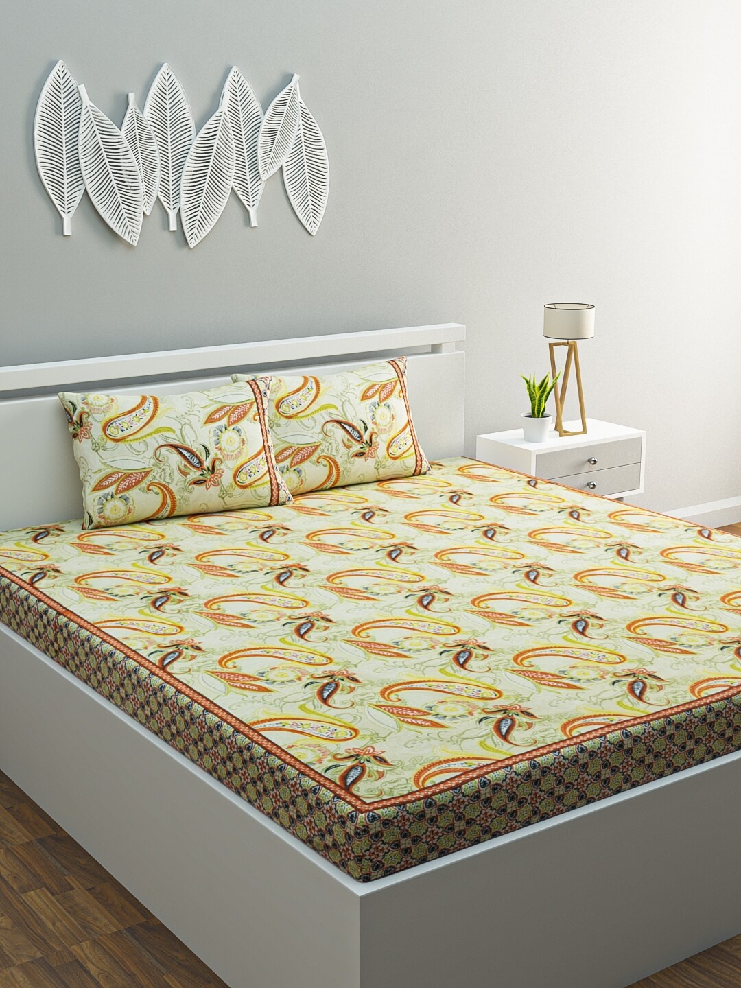 

HOME AFFAIRS Yellow & Cream-Coloured Ethnic Motifs 144 TC Cotton 1 King Bedsheet with 2 Pillow Covers