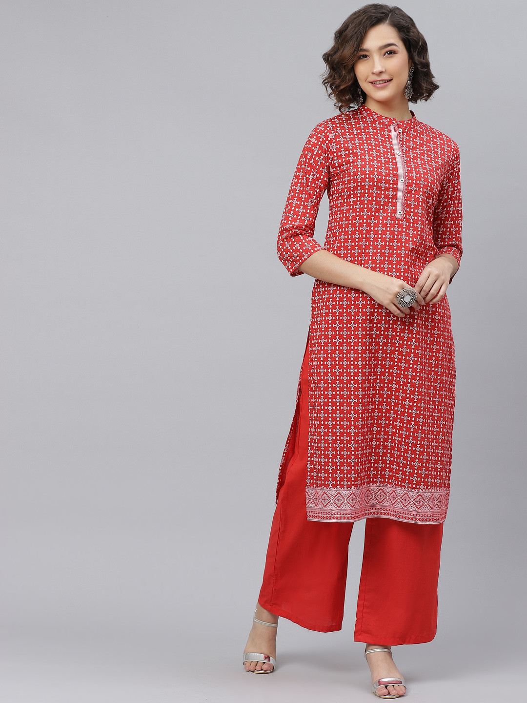 

HERE&NOW Women Red & White Printed Regular Straight Pure Cotton Kurta & Palazzos