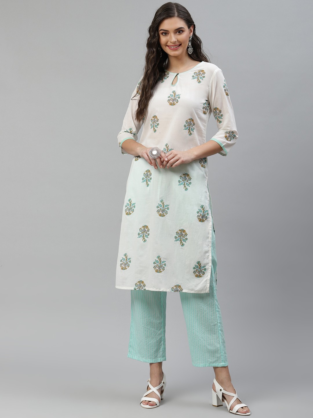 

HERE&NOW Women White & Sea Green Ethnic Motifs Printed Regular Straight Pure Cotton