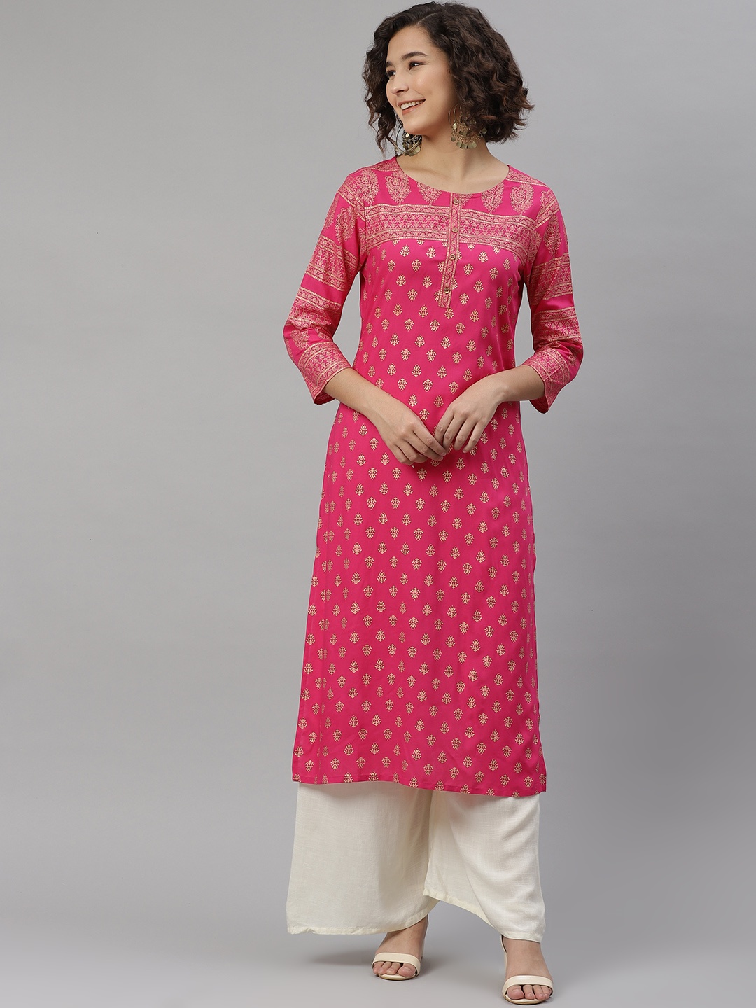 

HERE&NOW Women Pink & Golden Ethnic Motifs Printed Kurta