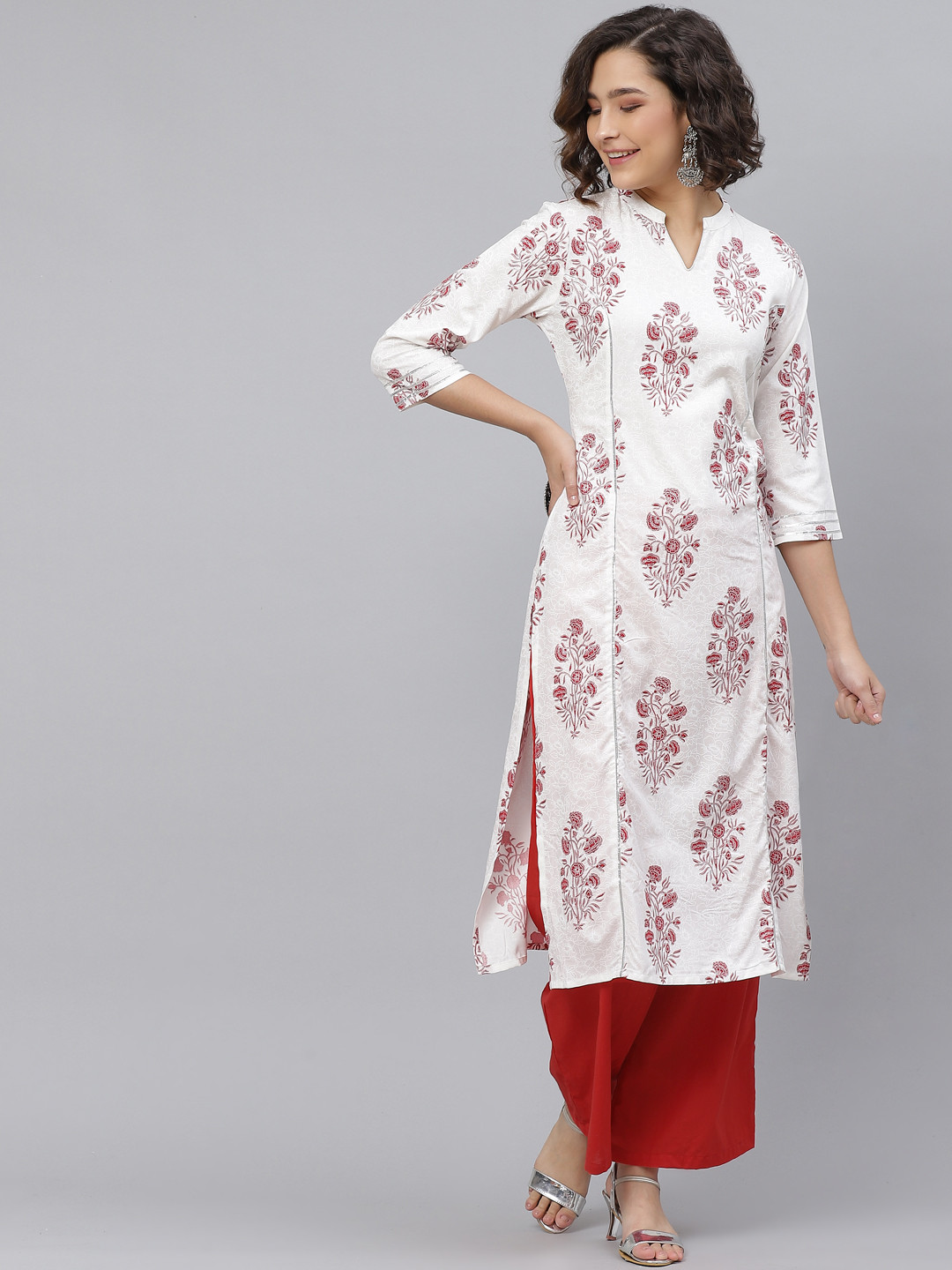 

HERE&NOW Women White & Red Ethnic Motifs Printed Floral Kurta