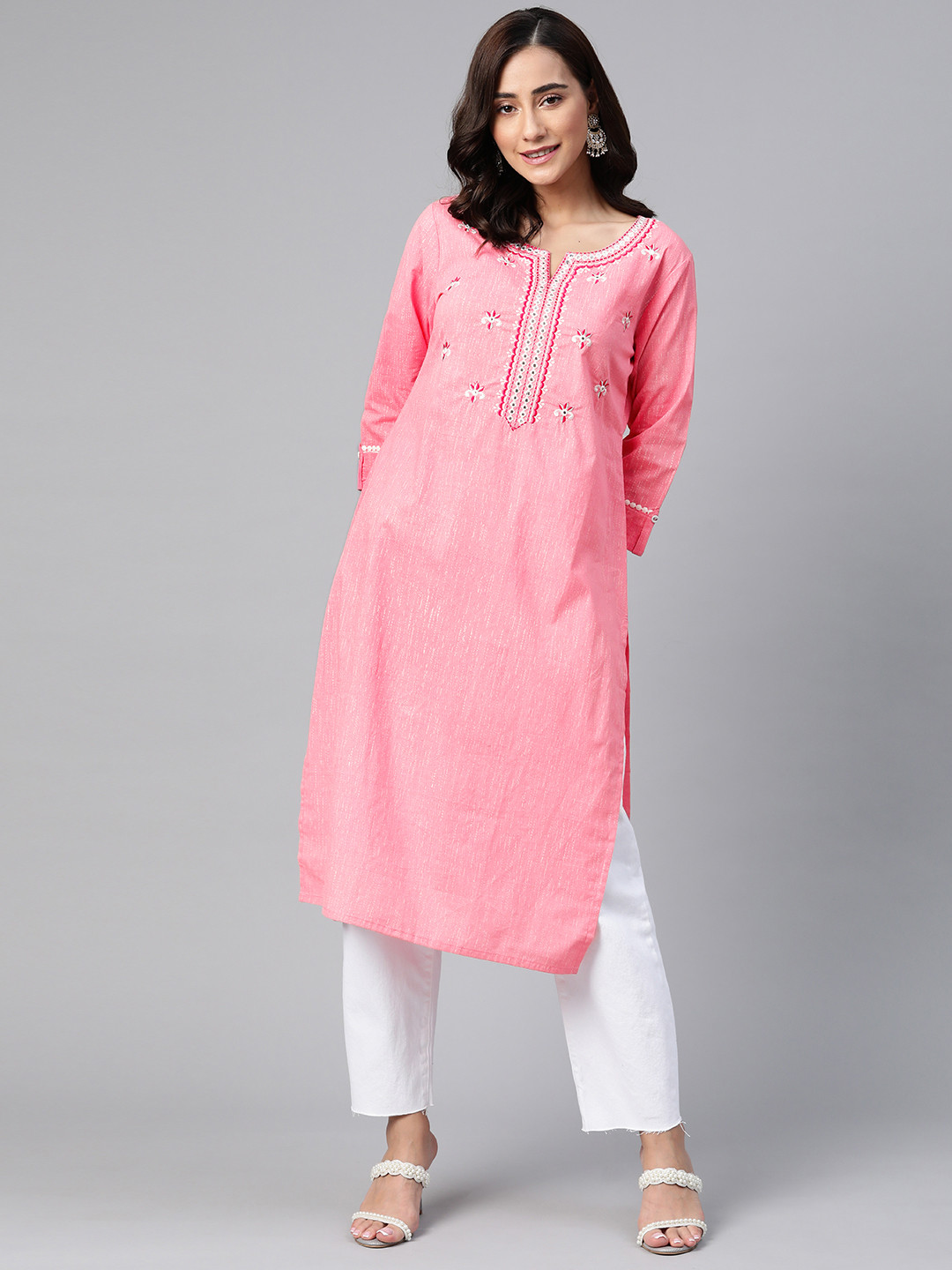 

HERE&NOW Women Pink Pure Cotton Yoke Design Kurta