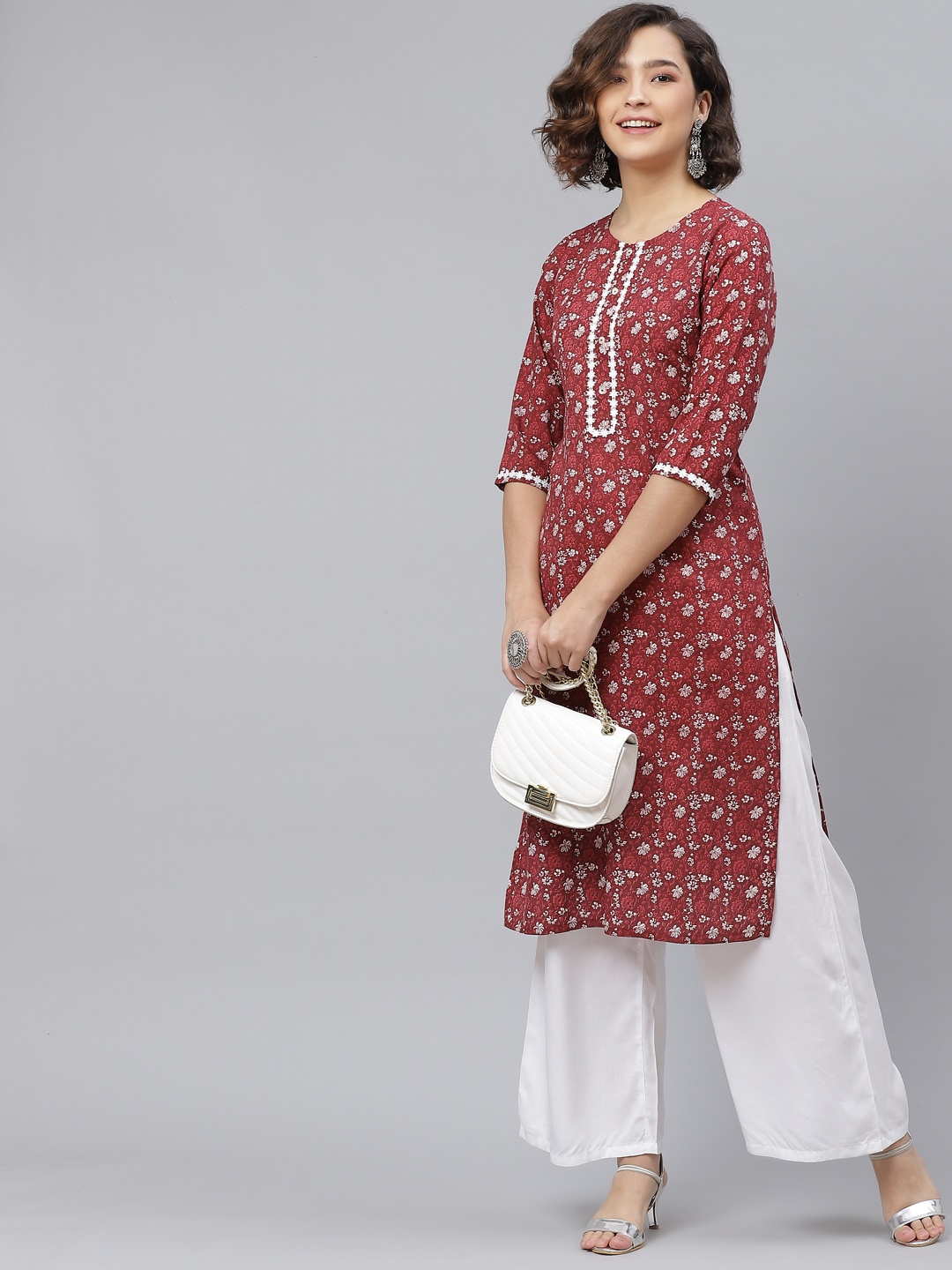 

HERE&NOW Women Burgundy & White Ethnic Motifs Printed Straight Kurta & Palazzos