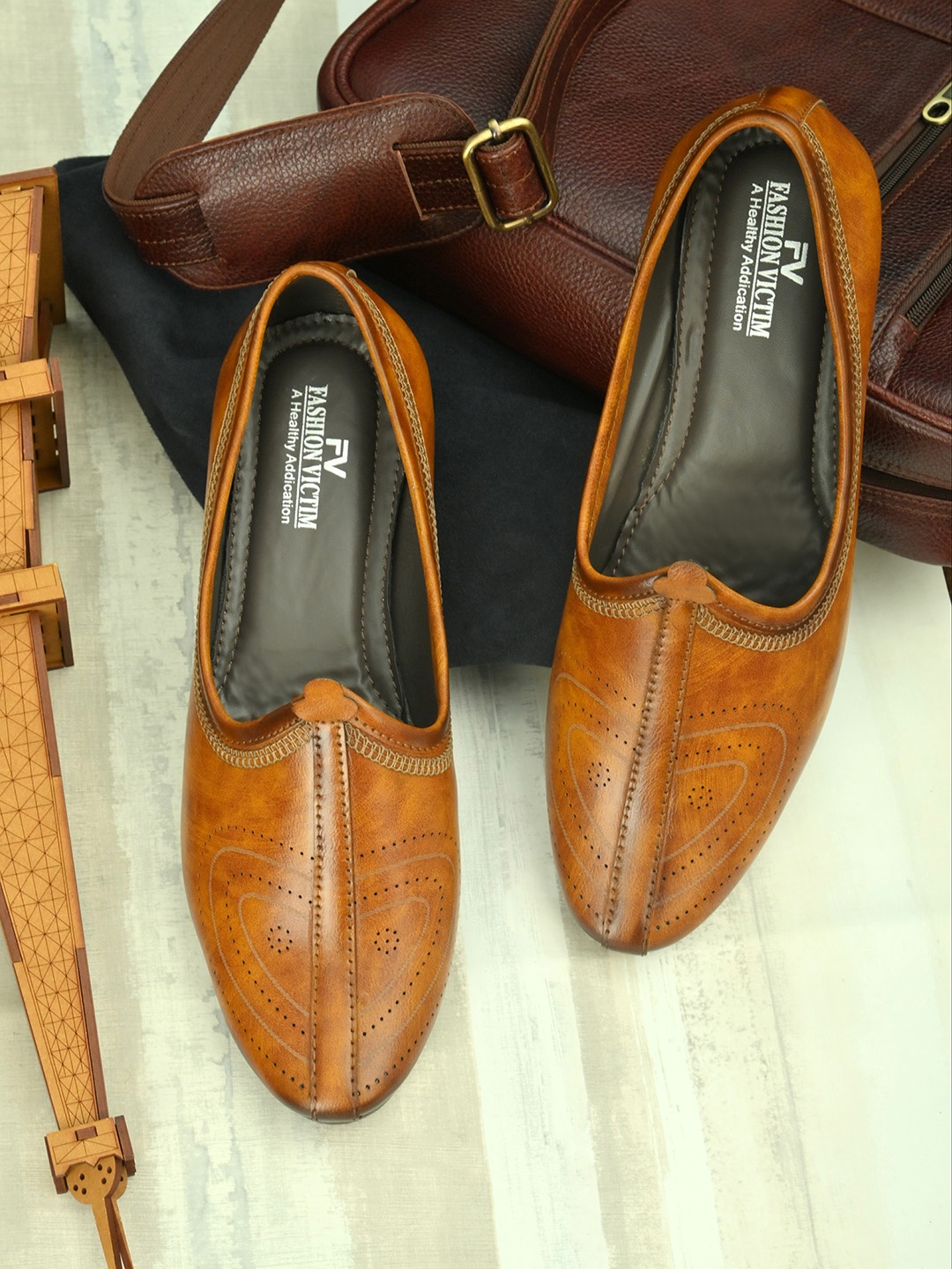 

Fashion Victim Men Tan Brown Perforations Mojaris Casual Shoes