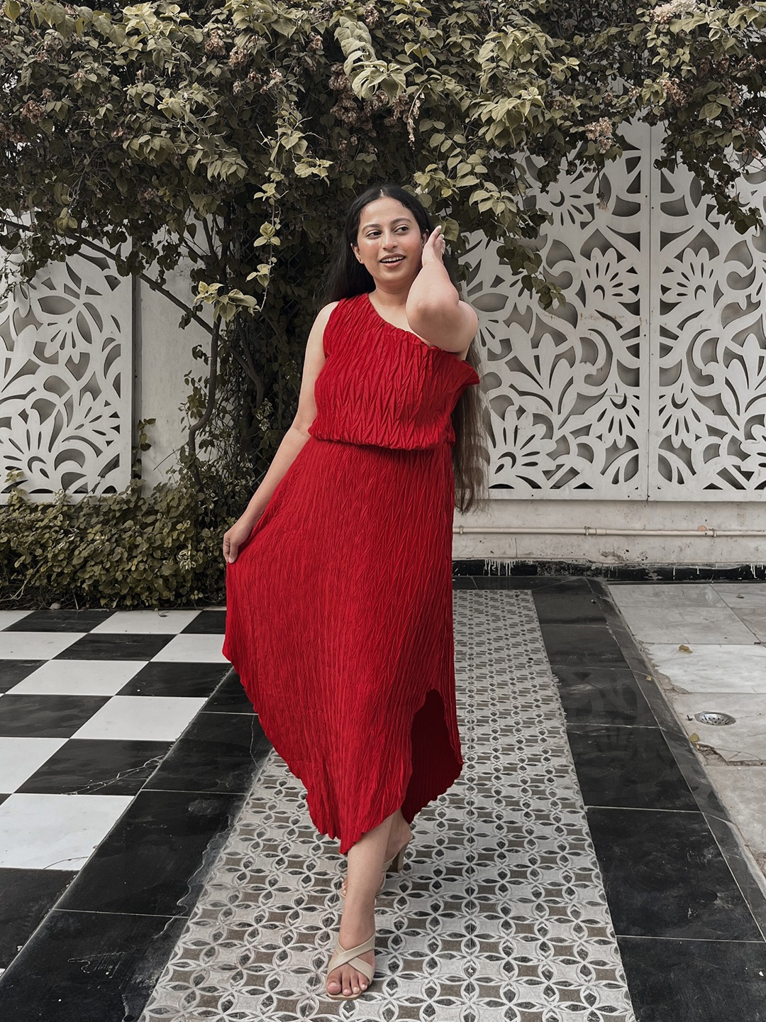 

STREET 9 Women Red Solid Crushed Pleat One Shoulder A-Line Dress