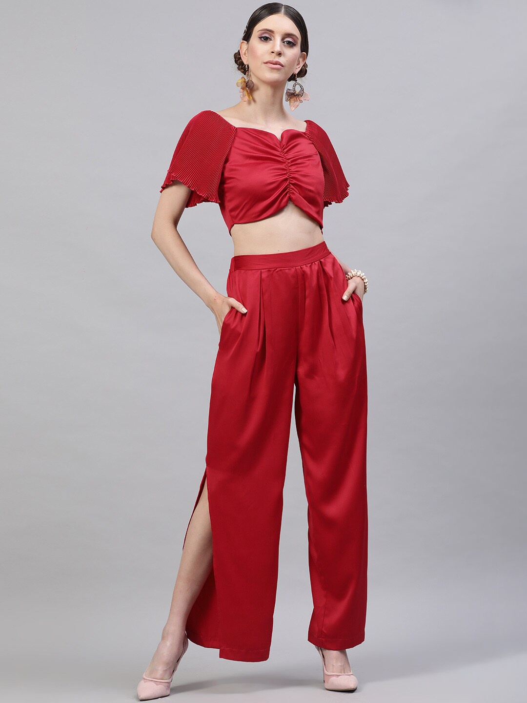 

STREET 9 Women Red Solid Top with Trousers