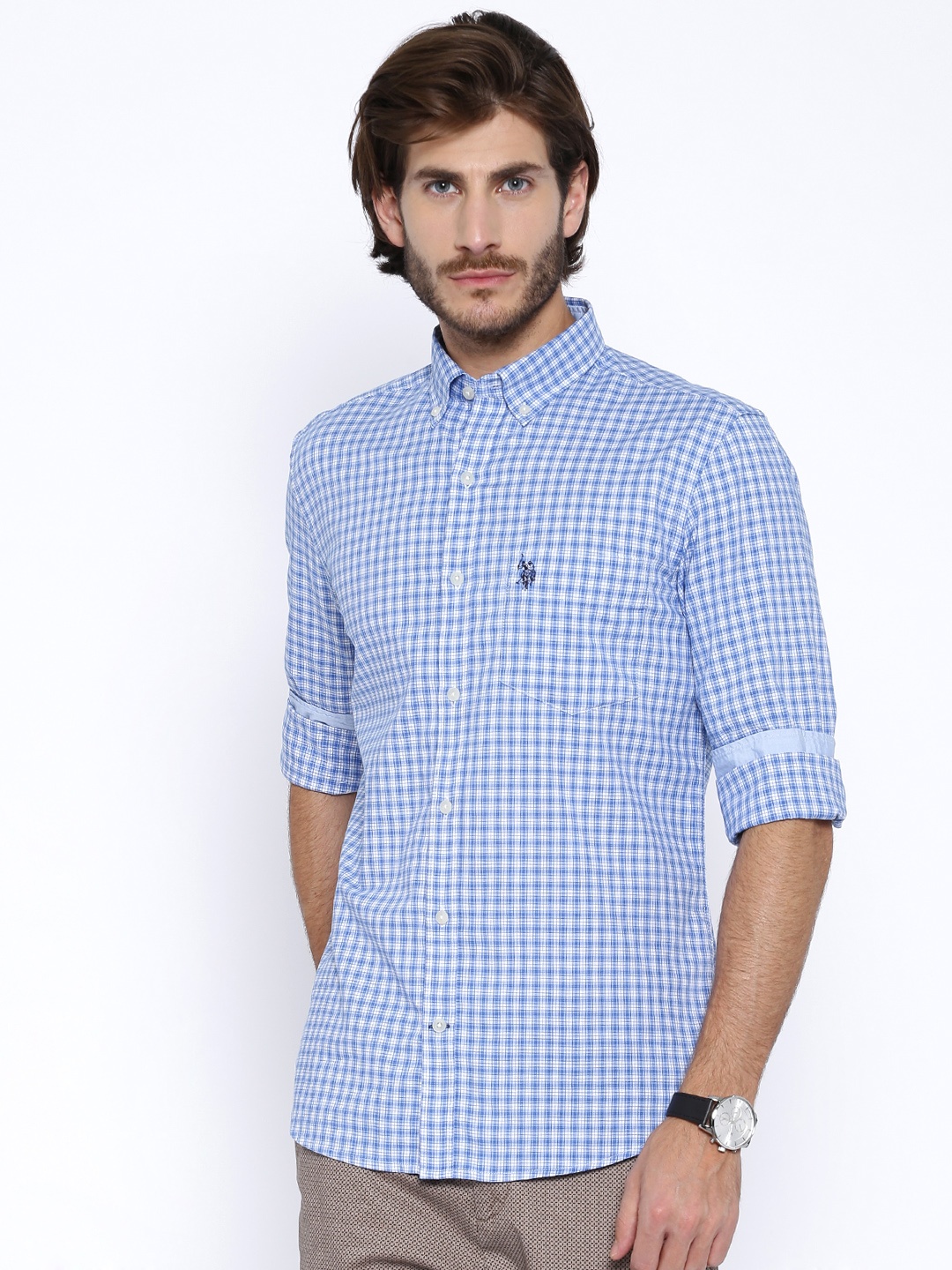 

U.S. Polo Assn. Blue & White Checked Tailored Fit Casual Shirt