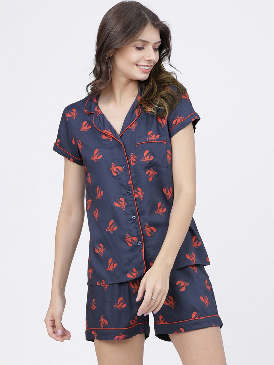 

Tokyo Talkies Women Navy Blue & Orange Printed Night Suit