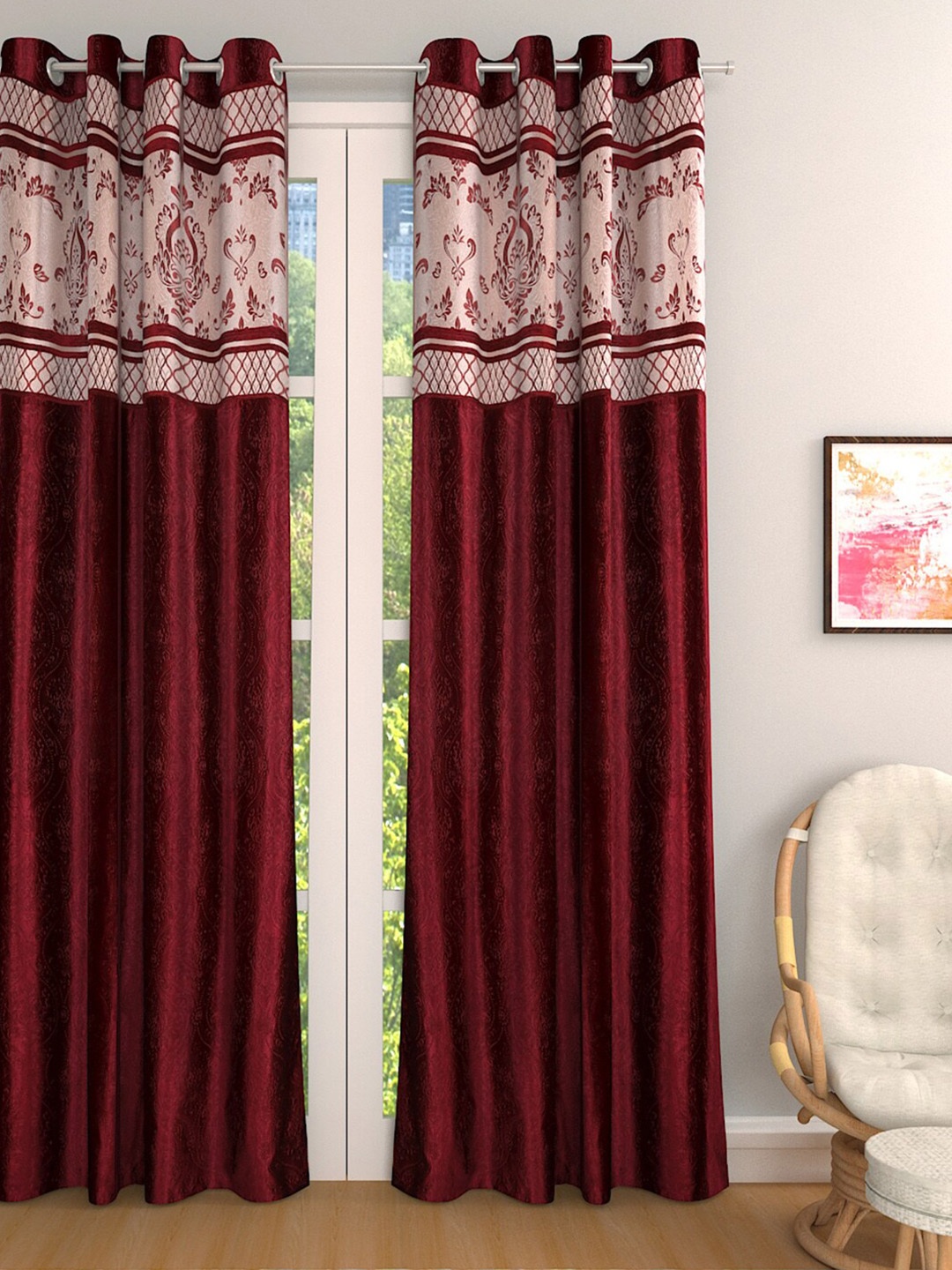 

ROMEE Maroon & Cream-Coloured Jacquard Single Room Darkening Door Curtain