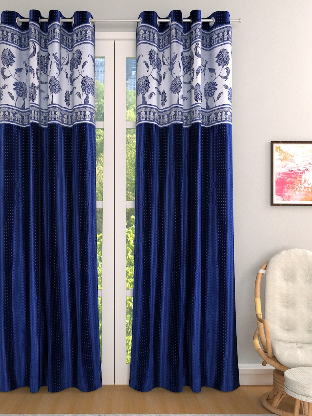 

ROMEE Blue & White Single Room Darkening Long Door Curtain