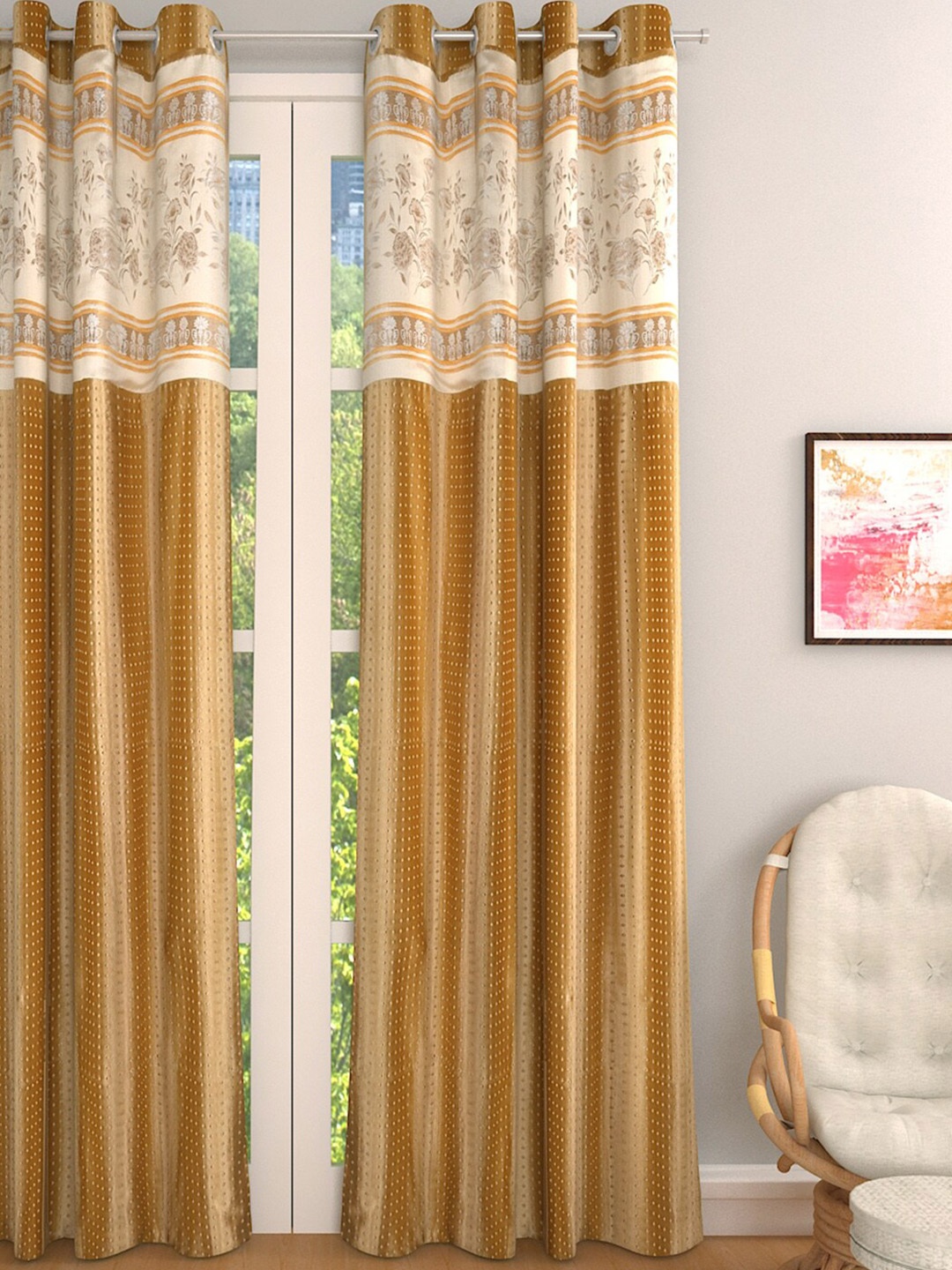 

ROMEE Gold-Toned & Cream-Coloured Single Room Darkening Long Door Curtain