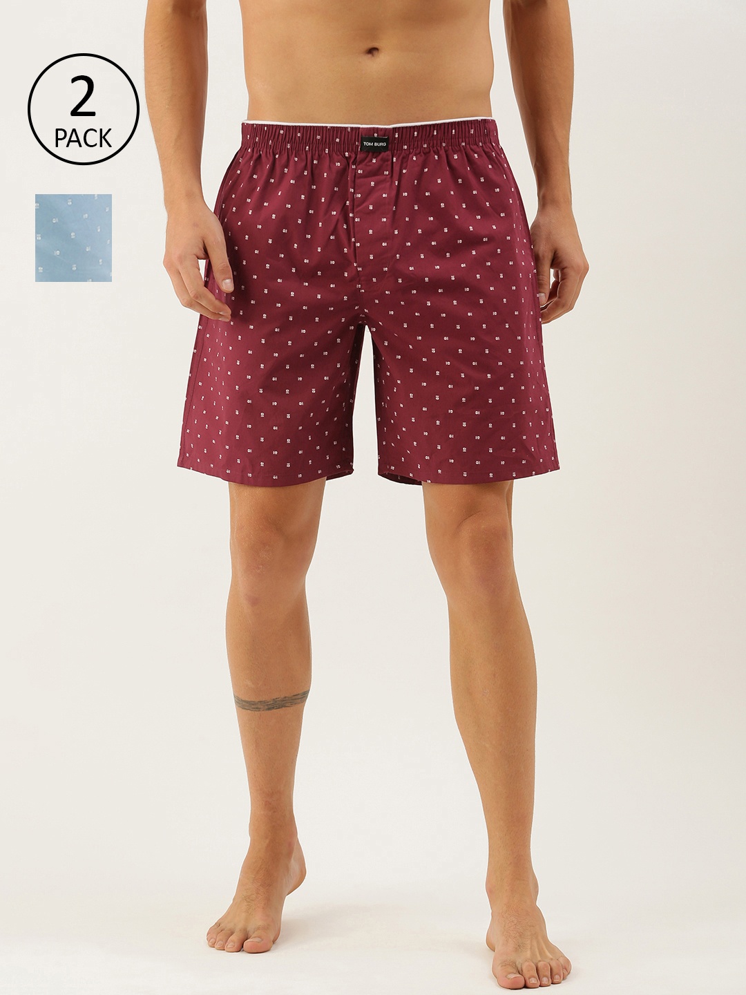 

TOM BURG Men Pack of 2 Printed Cotton Boxers 902, Blue