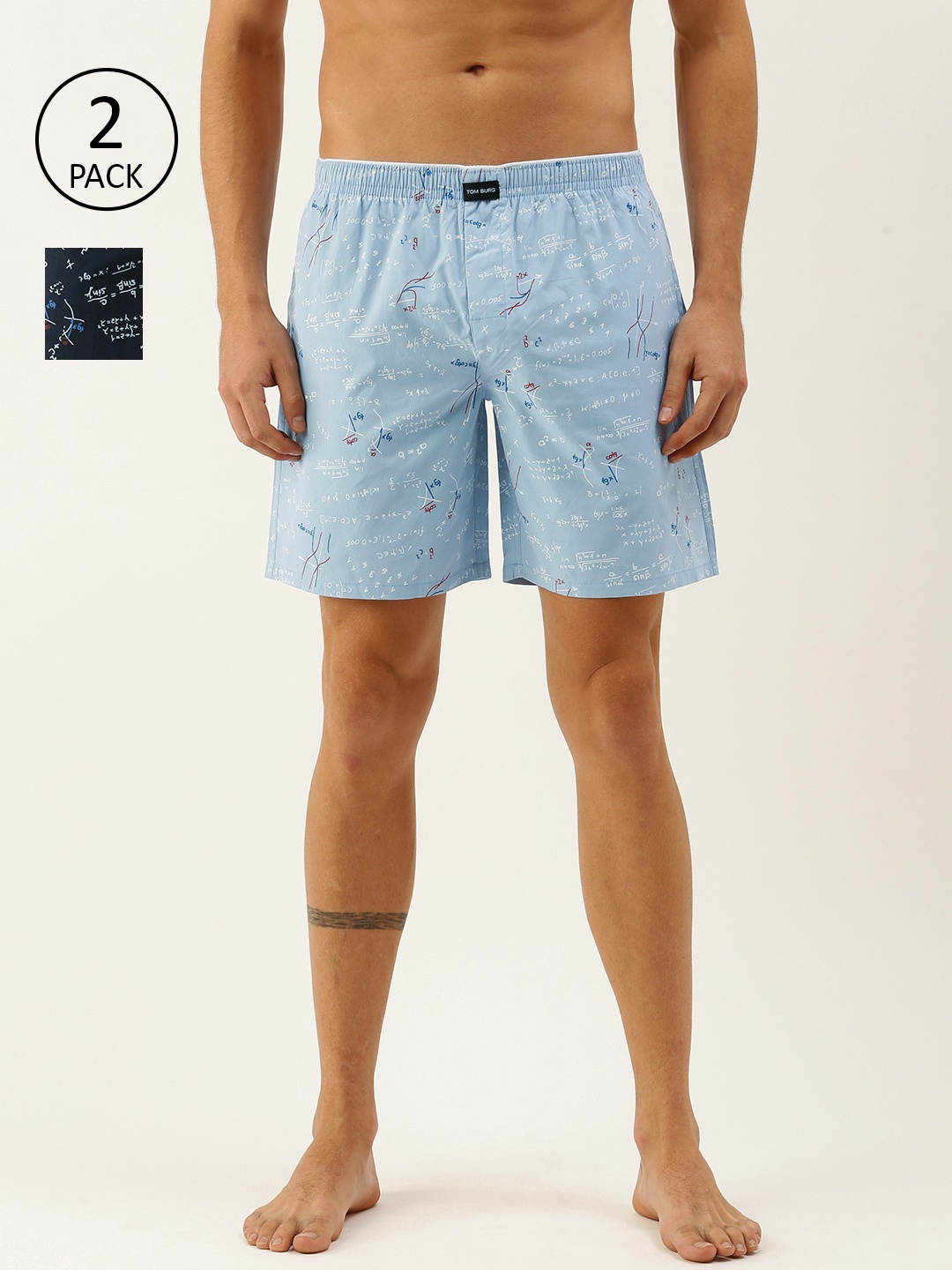 

TOM BURG Men Pack of 2 Cotton Printed Boxers 1000, Blue