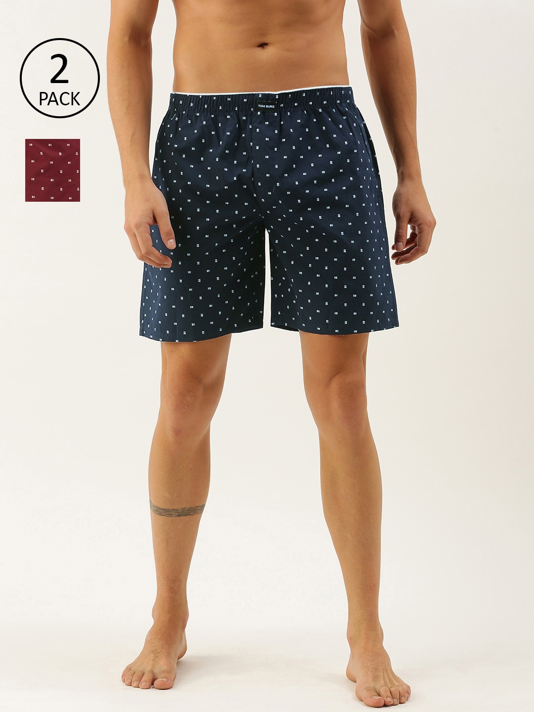 

TOM BURG Men Pack of 2 Printed Cotton Boxers 903, Navy blue
