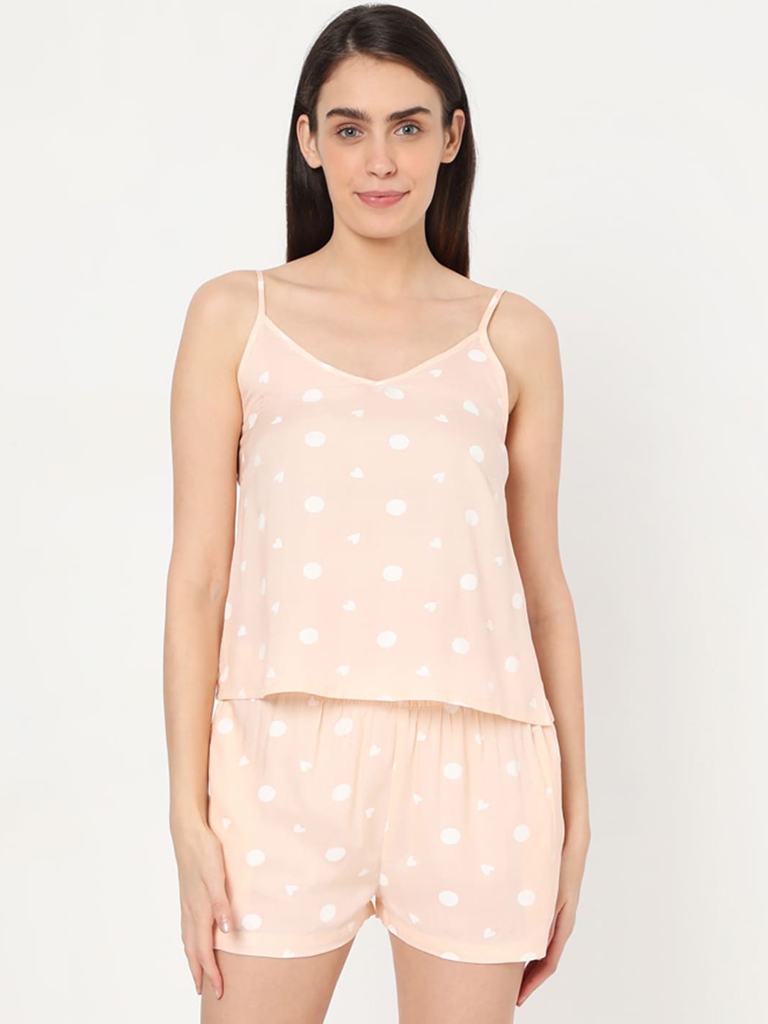 

Smarty Pants Women Peach-Coloured & White Polka Dot Printed Pure Cotton Night Suit