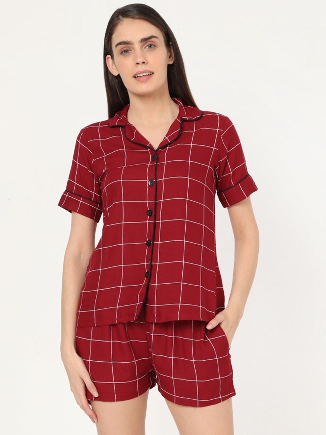 

Smarty Pants Women Maroon & White Checked Night suit