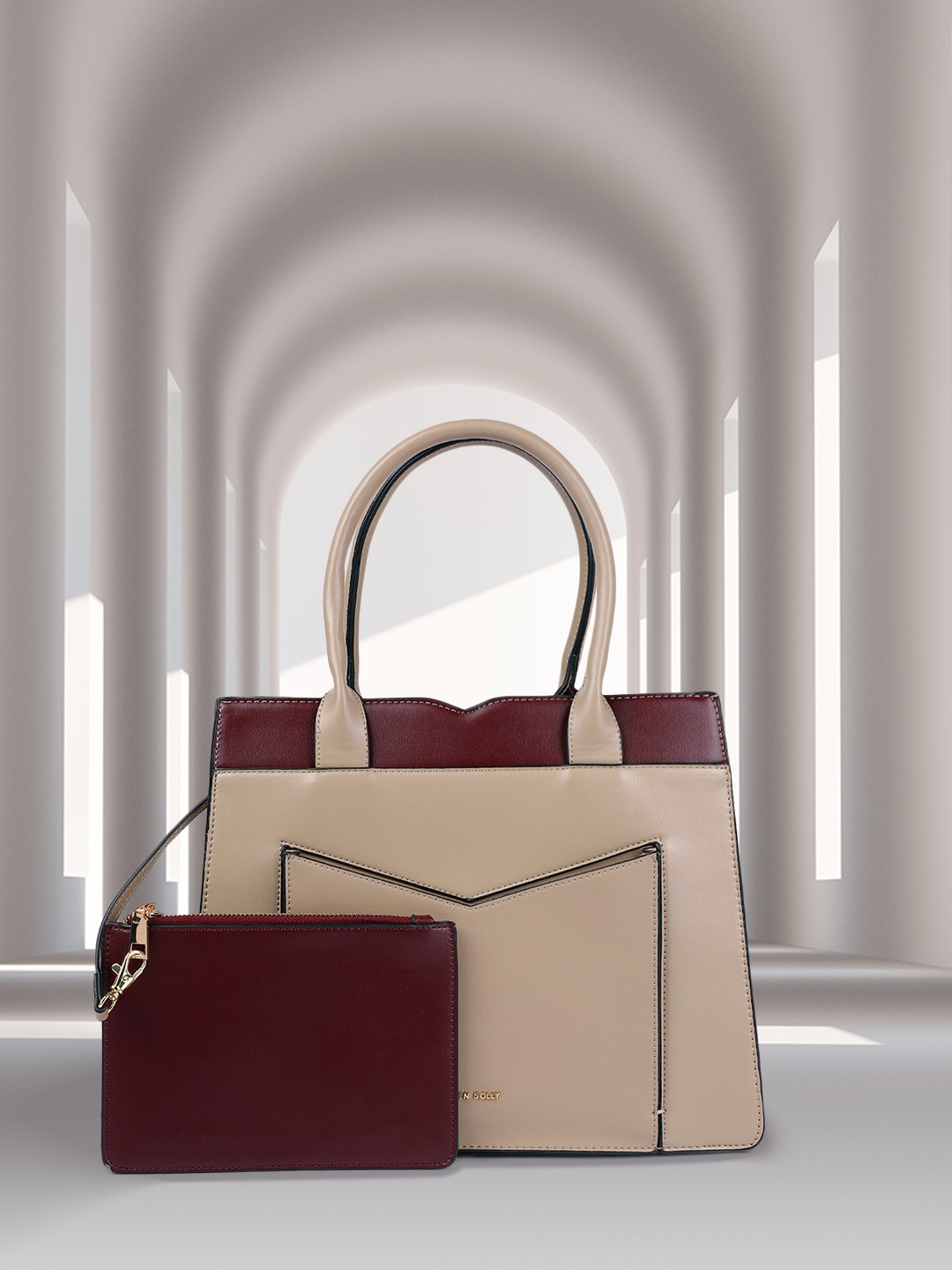 

Allen Solly Nude-Coloured & Maroon Colourblocked Structured Handheld Bag with Pouch