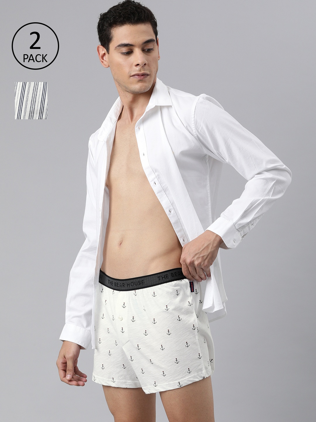 

THE BEAR HOUSE Men Pack of 2 Pure Cotton Assorted Boxers TBH-PERCENT, White