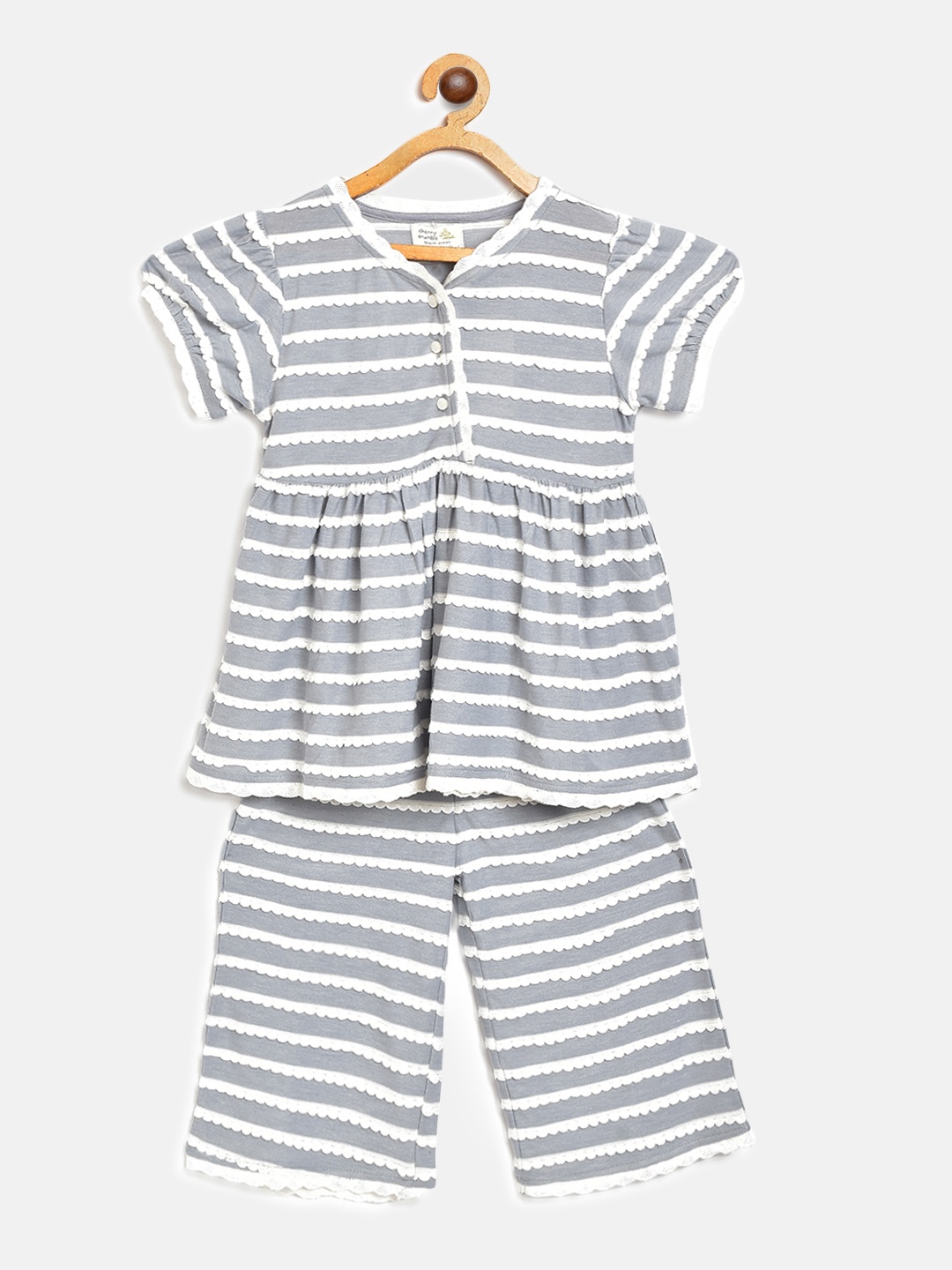 

Cherry Crumble Girls Grey Melange & White Striped Lace Cotton Night suit