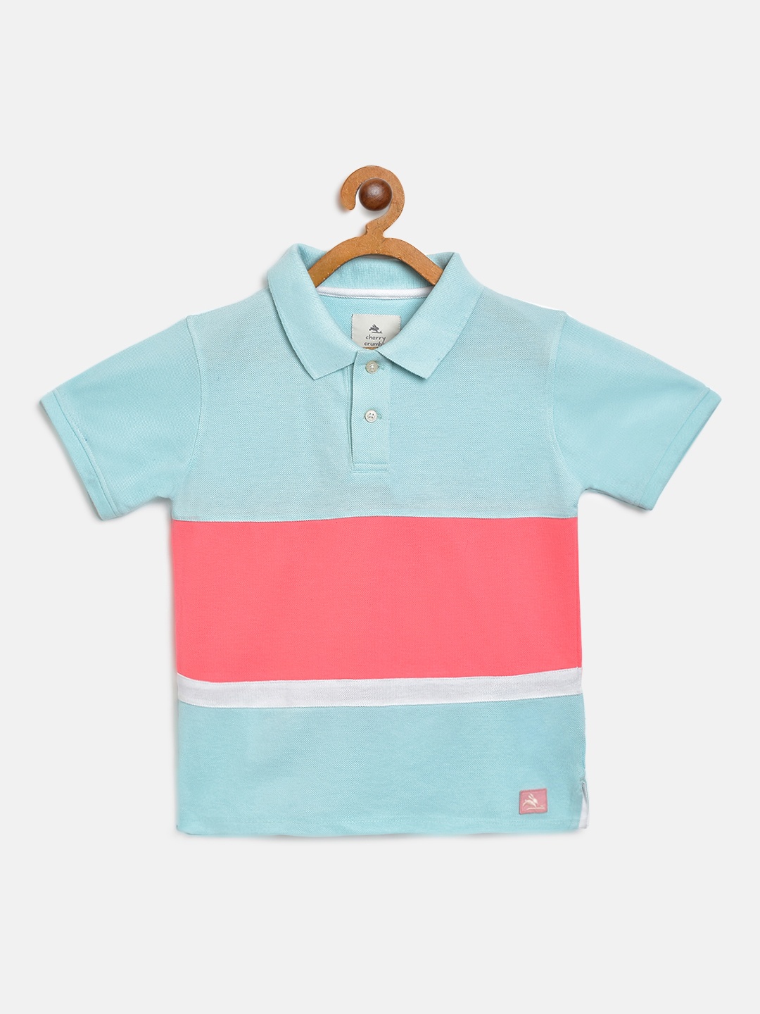 

Cherry Crumble Boys Blue & Coral Pink Colourblocked Polo Collar T-shirt