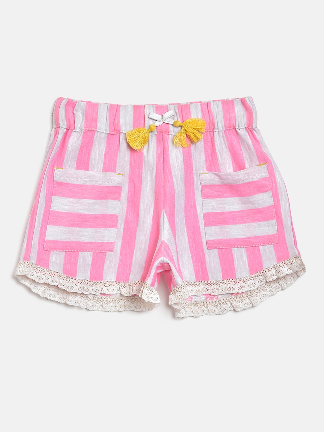 

Cherry Crumble Girls Pink Striped Lace & Tasselled Bow Detail Shorts