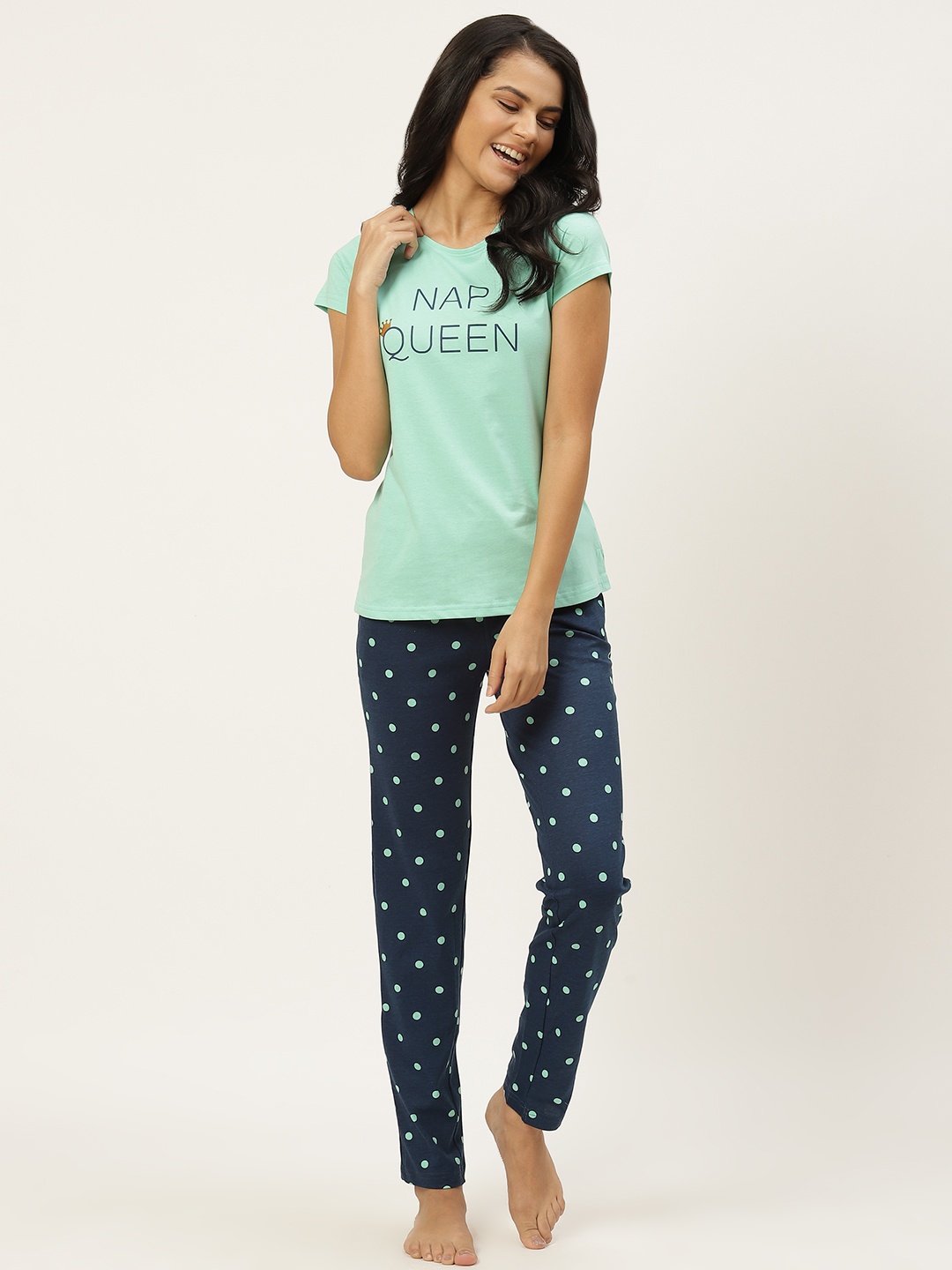 

Sweet Dreams Women Green & Navy Pure Cotton Printed Nightsuit