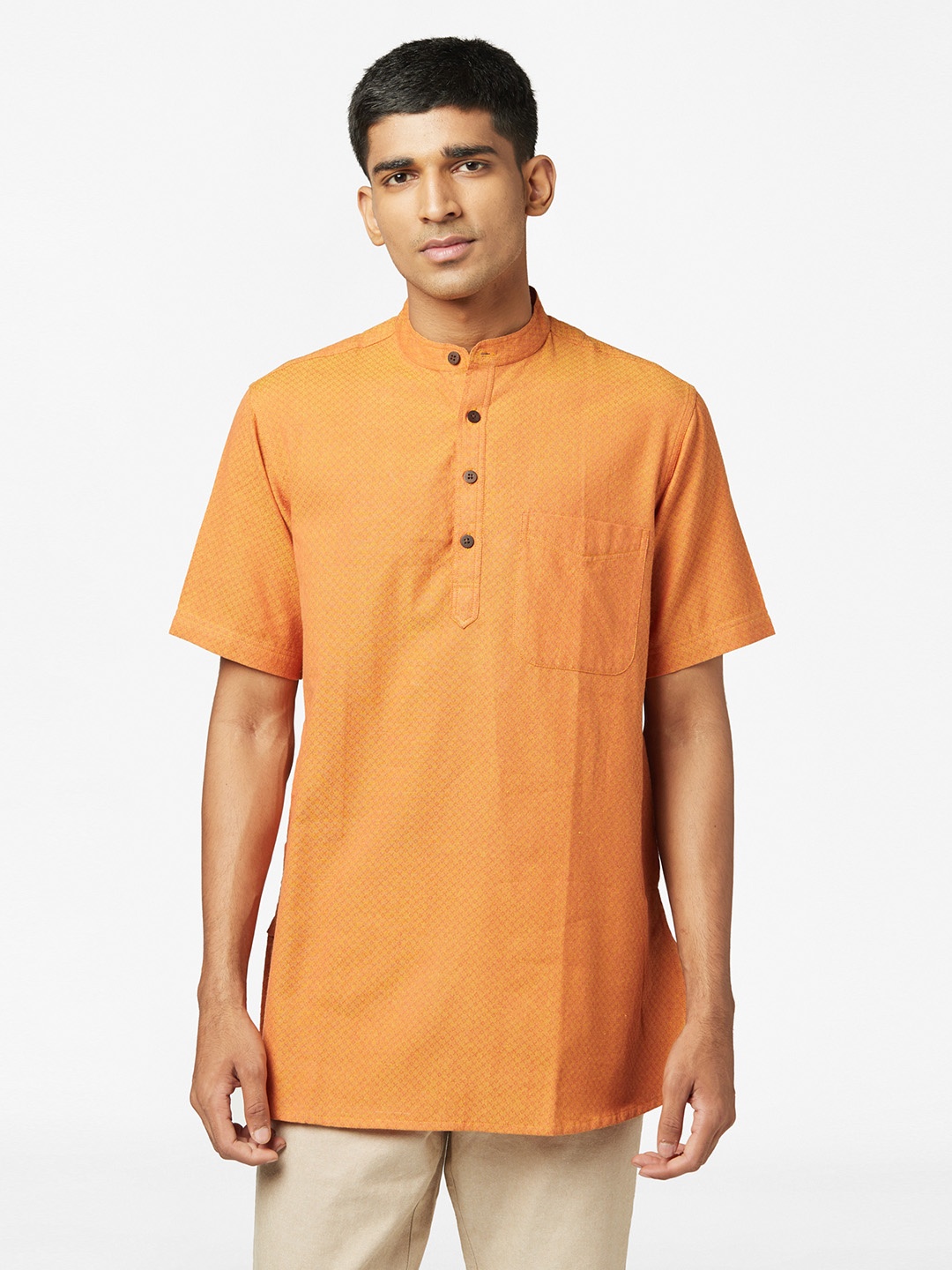 

Fabindia Men Orange & Red Pure Cotton Short Kurta