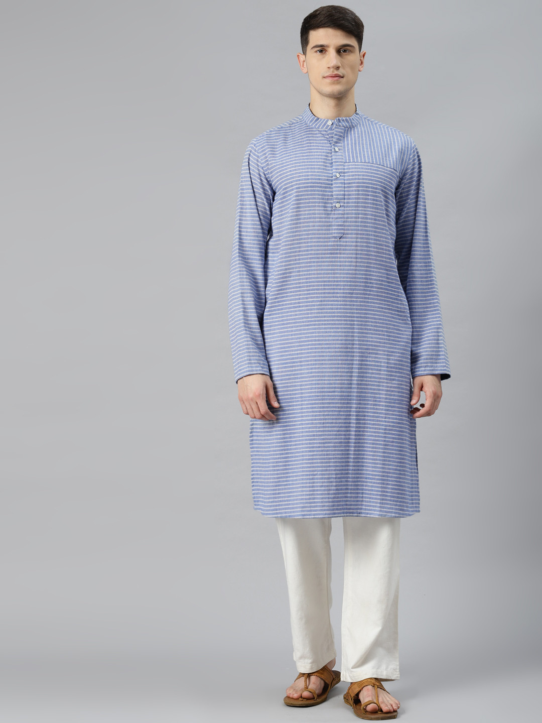 

Fabindia Men Blue & White Striped Pure Cotton Kurta