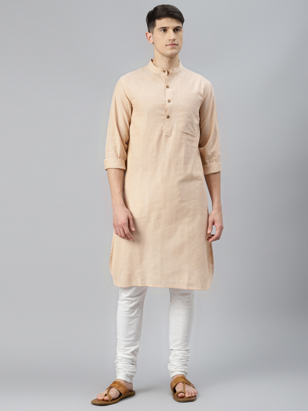 

Fabindia Men Beige Pure Cotton Self-Checked Straight Kurta