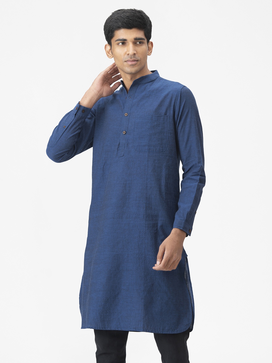 

Fabindia Men Navy Blue Solid Cotton Kurta