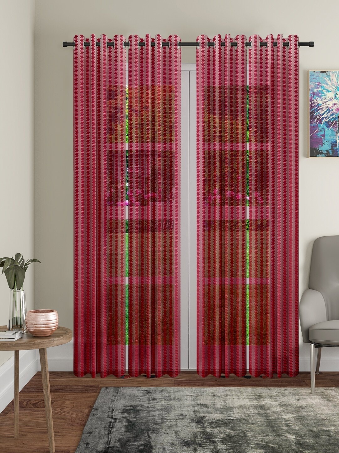 

Cortina Maroon Set of 4 Striped Sheer Long Door Curtains