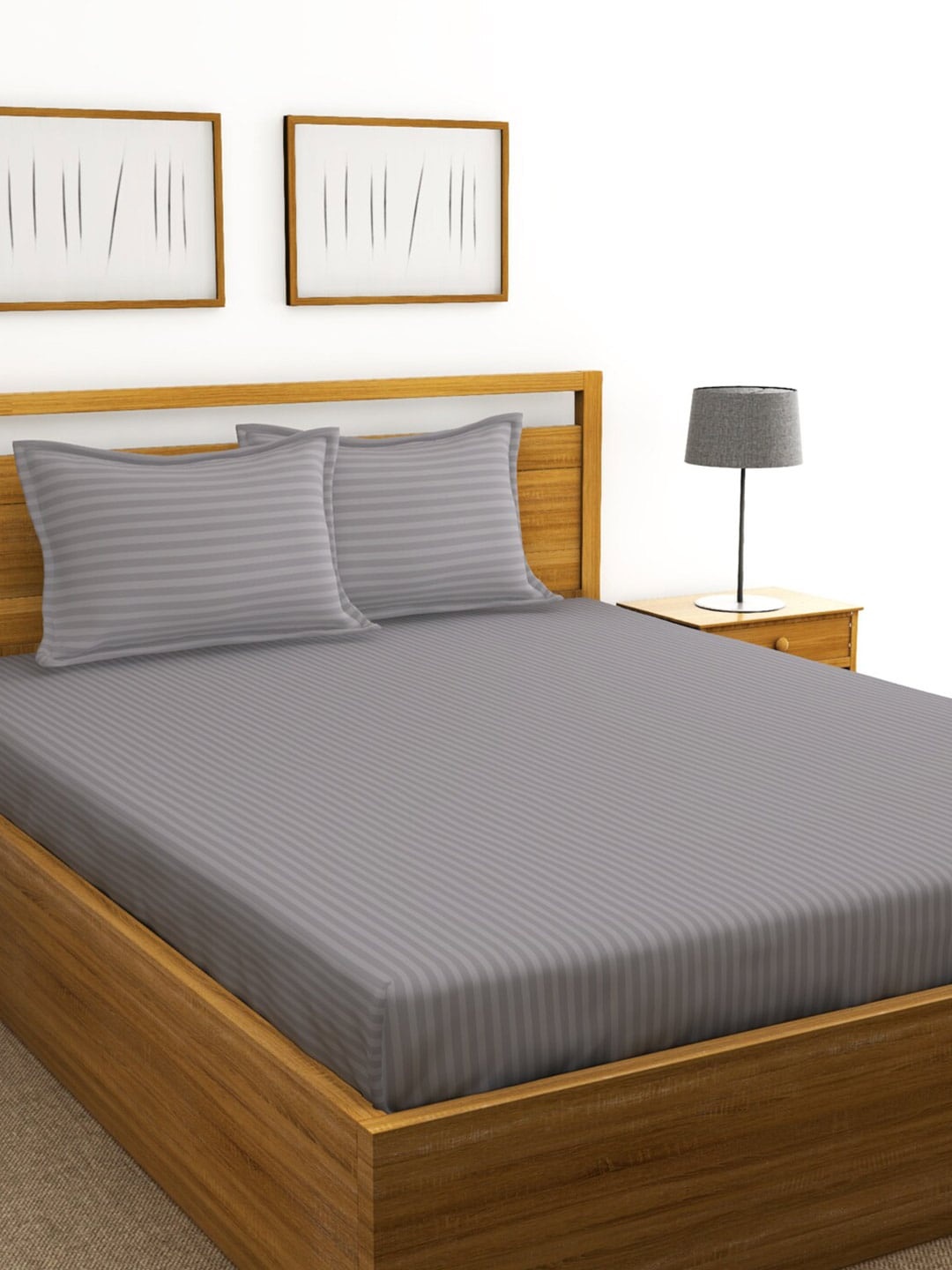 

BIANCA Grey Striped 210 TC Cotton 1 King Bedsheet with 2 Pillow Covers