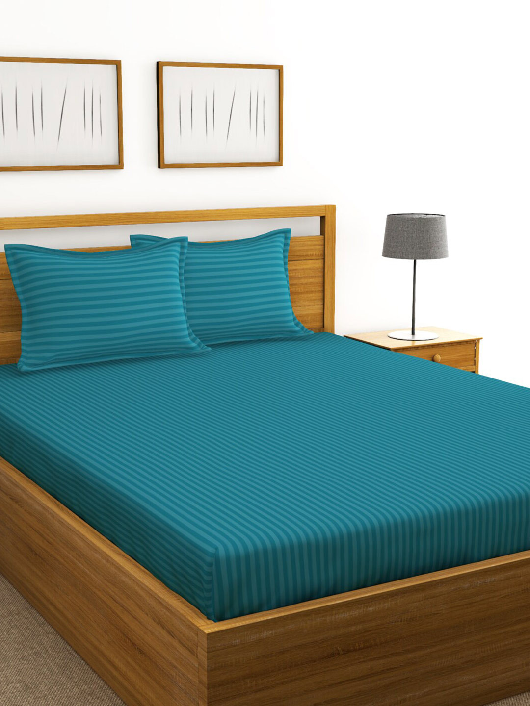 

BIANCA Teal Blue Striped 210 TC Cotton 1 King Bedsheet with 2 Pillow Covers