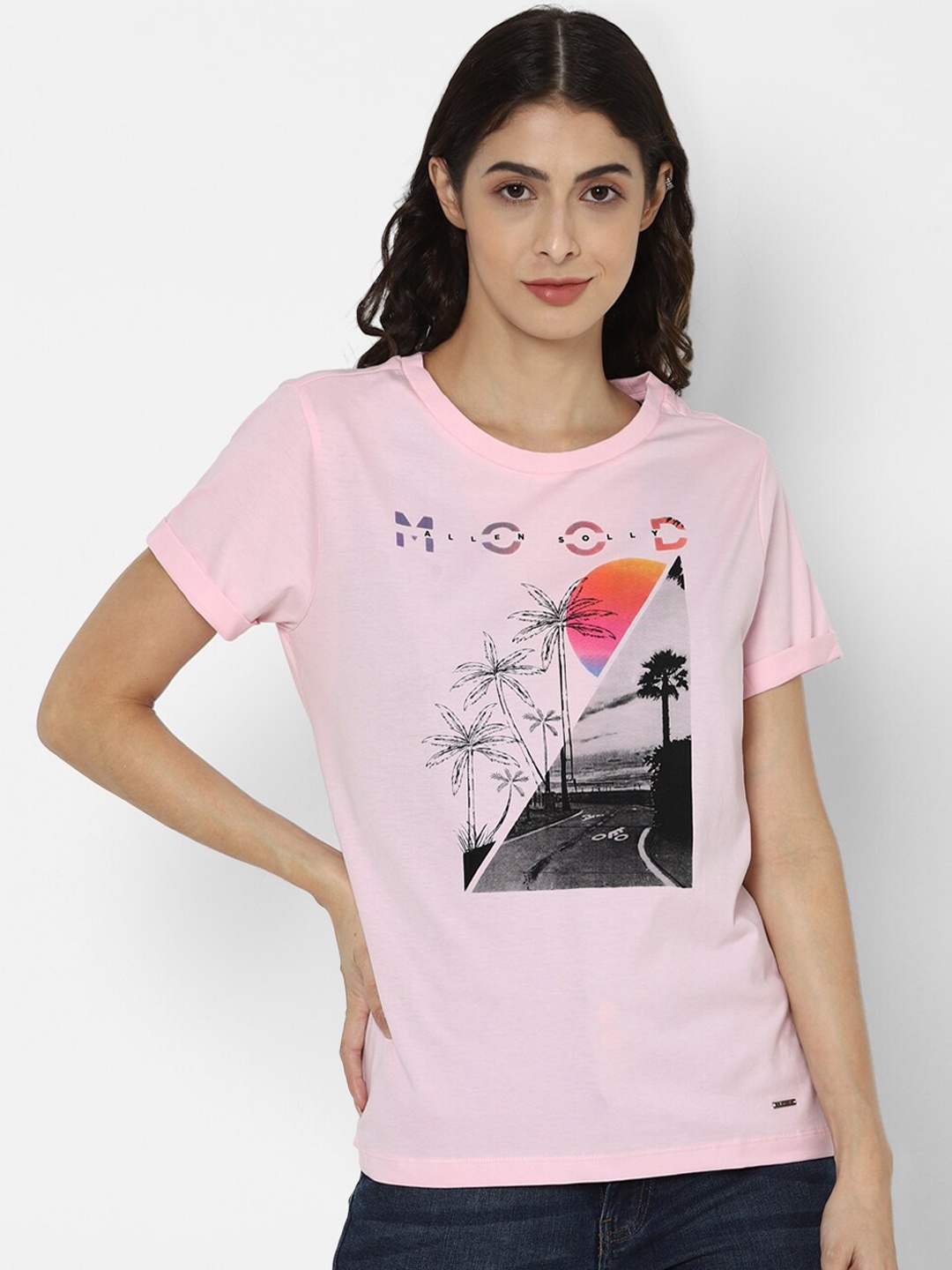 

Allen Solly Woman Pure Cotton Pink Graphic Printed Round Neck T-shirt