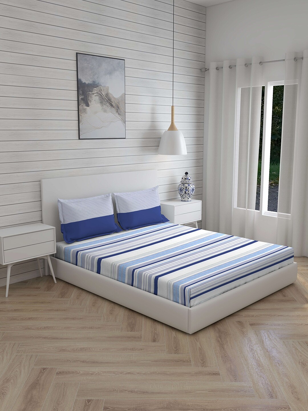 

Layers Blue & Grey Striped 144 TC Cotton 1 Queen Bedsheet with 2 Pillow Covers