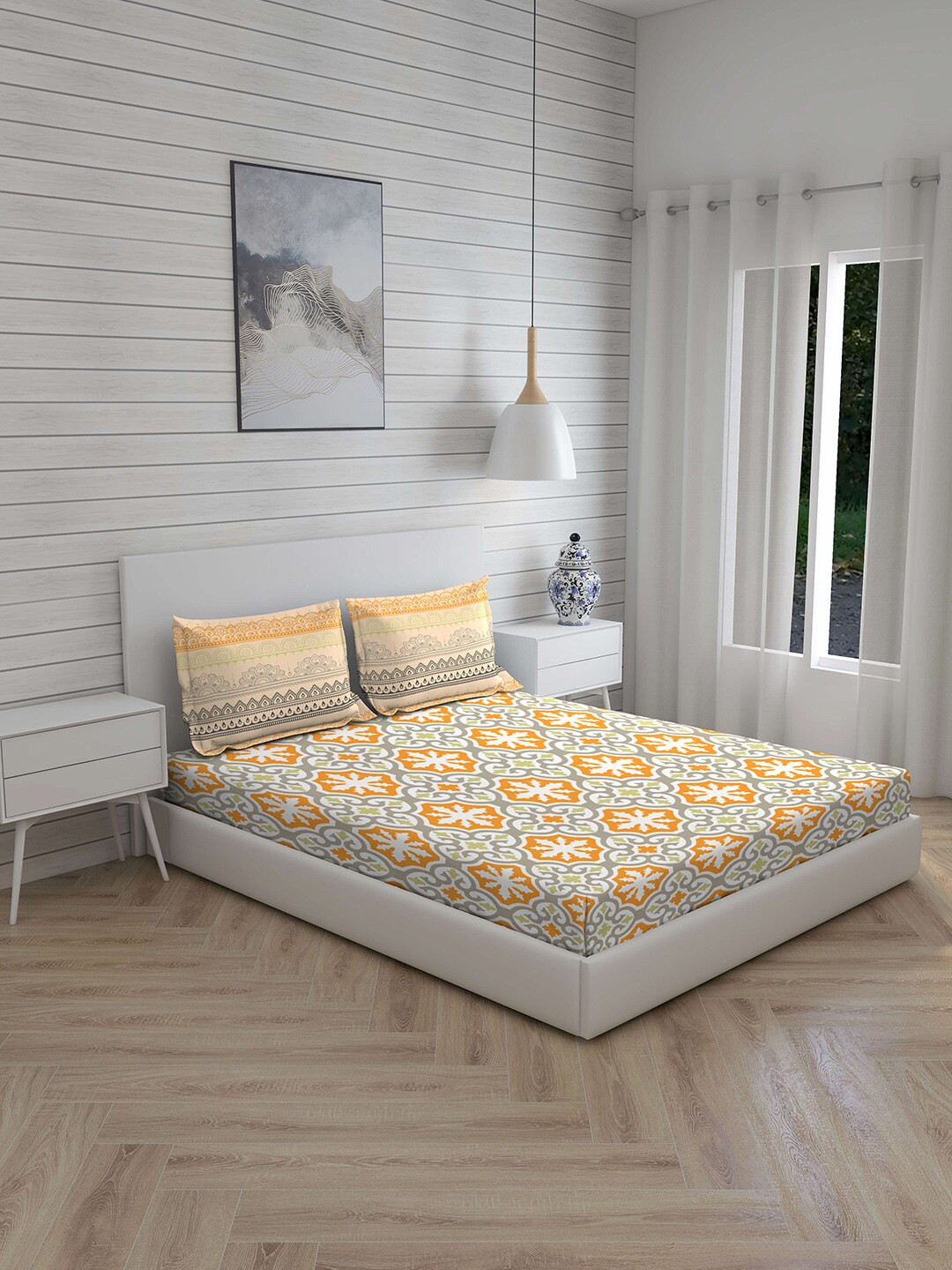 

Layers Grey & Orange Ethnic Motifs 144 TC Cotton 1 King Bedsheet with 2 Pillow Covers