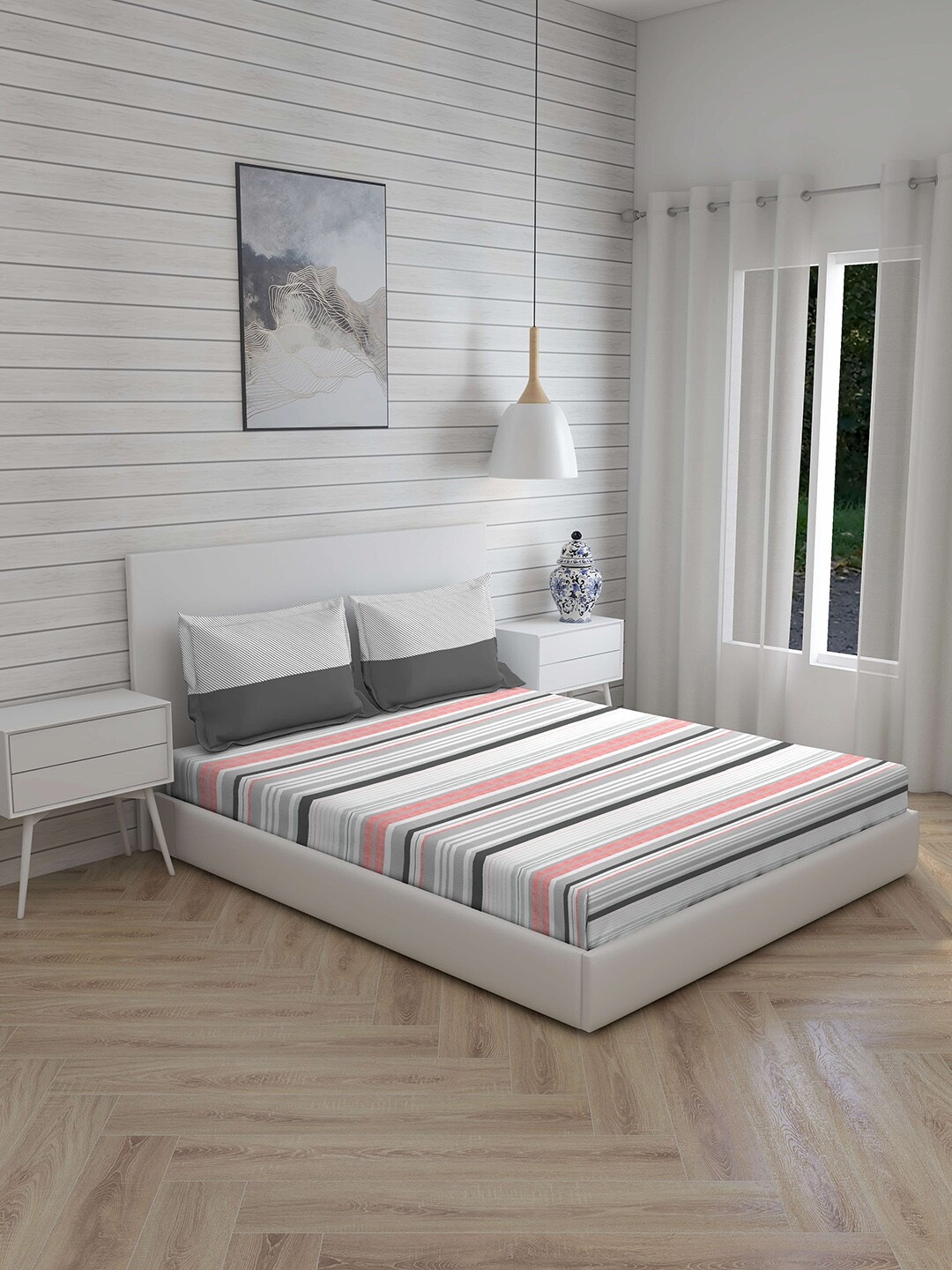 

Layers White & Grey Striped 144 TC Cotton 1 King Bedsheet with 2 Pillow Covers