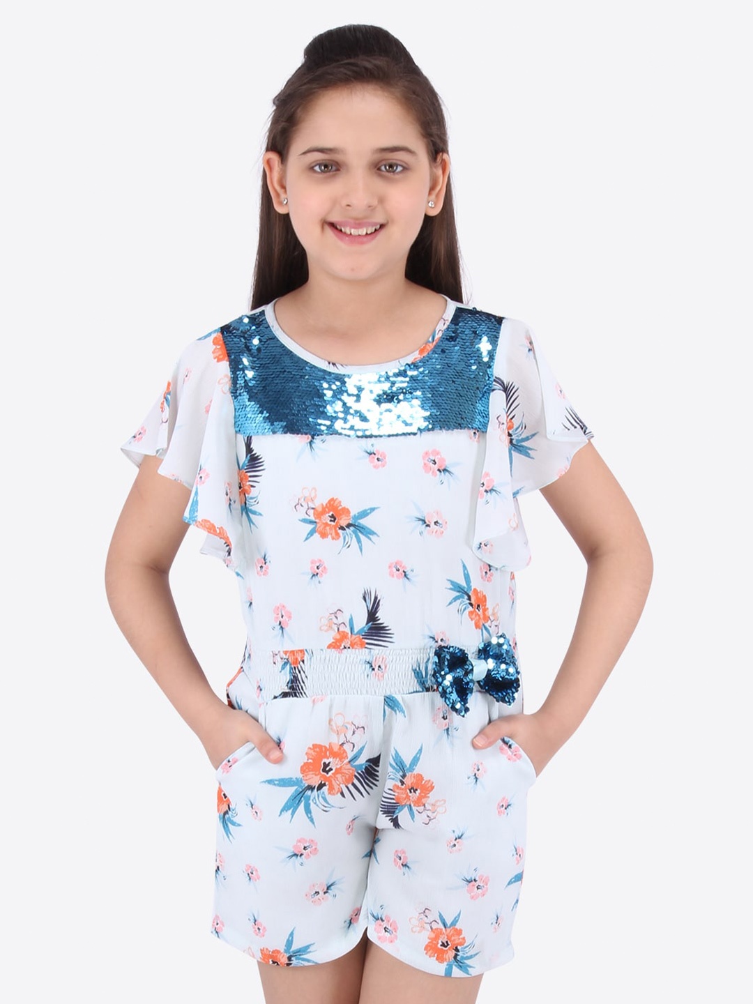 

CUTECUMBER Girls White & Blue Printed Playsuit