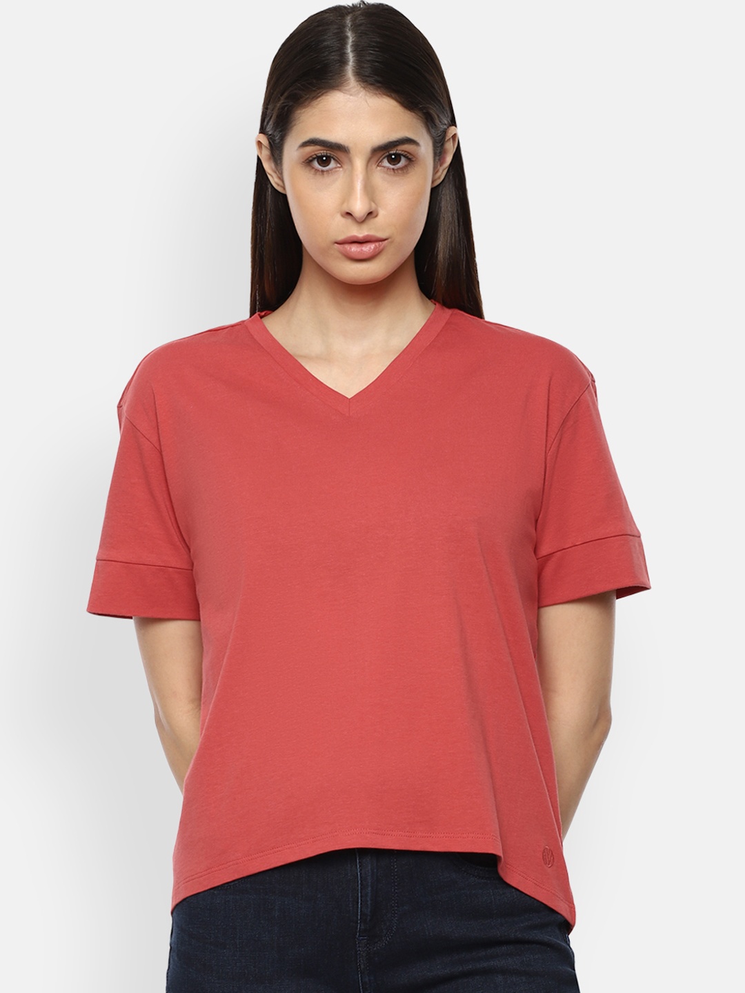 

Van Heusen Woman Burgundy Solid V-Neck Cotton T-shirt